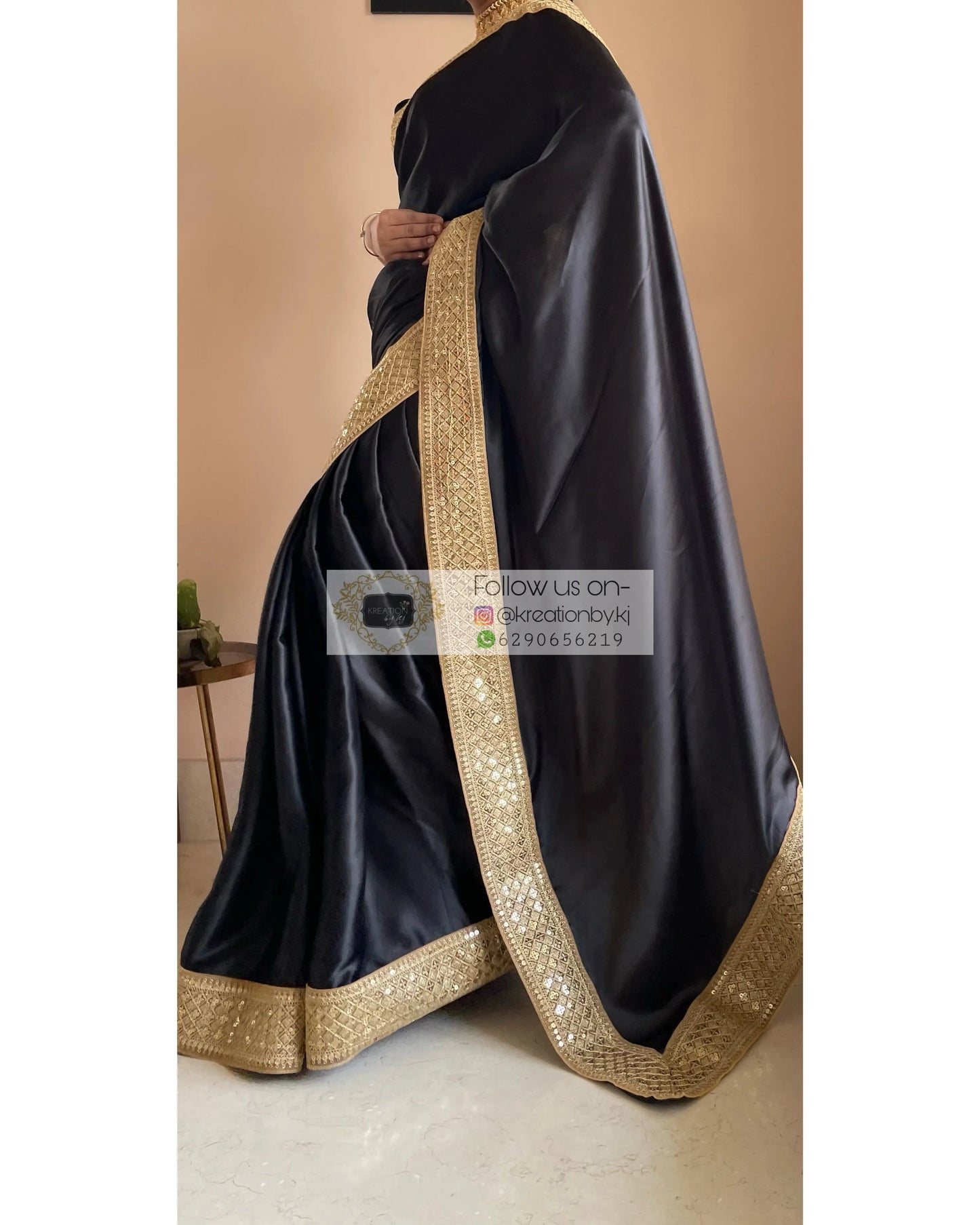 Black Satin Saree with Gold Border kreationbykj