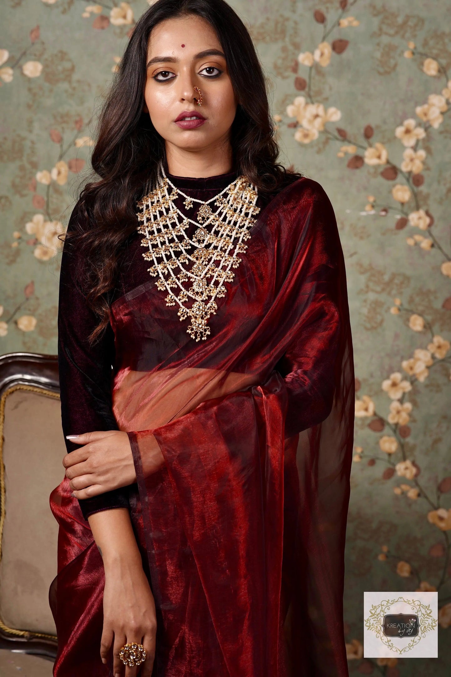 Maroon Glass Tissue Saree kreationbykj.in
