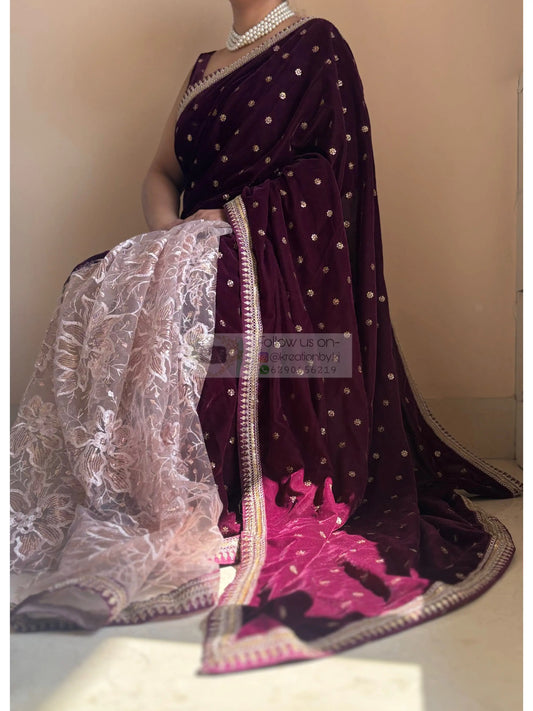 Purple Wine Velvet And Net Embellished Saree Kreation by KJ