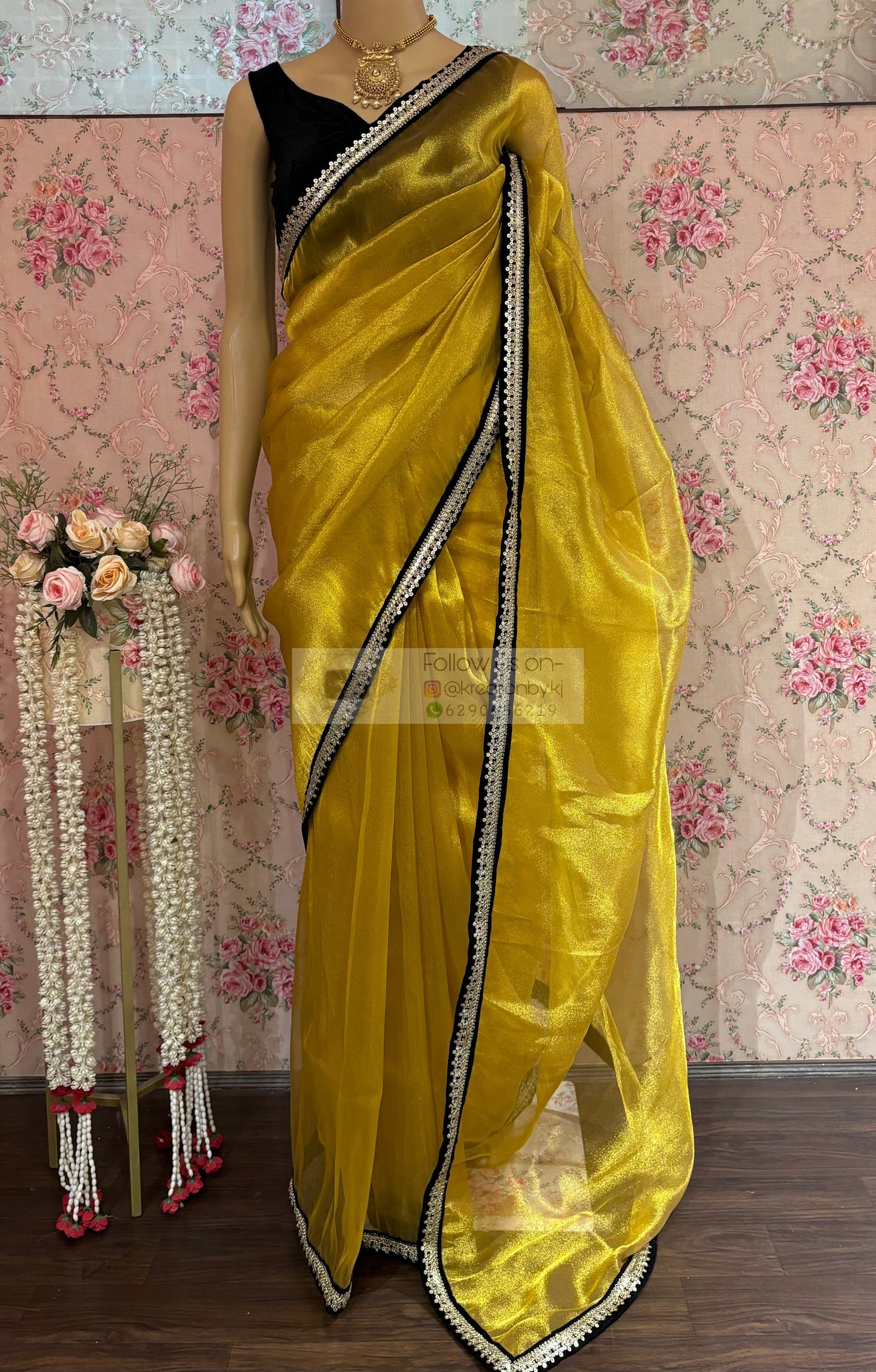 Golden Yellow Zari Tissue Cocktail Saree kreationbykj