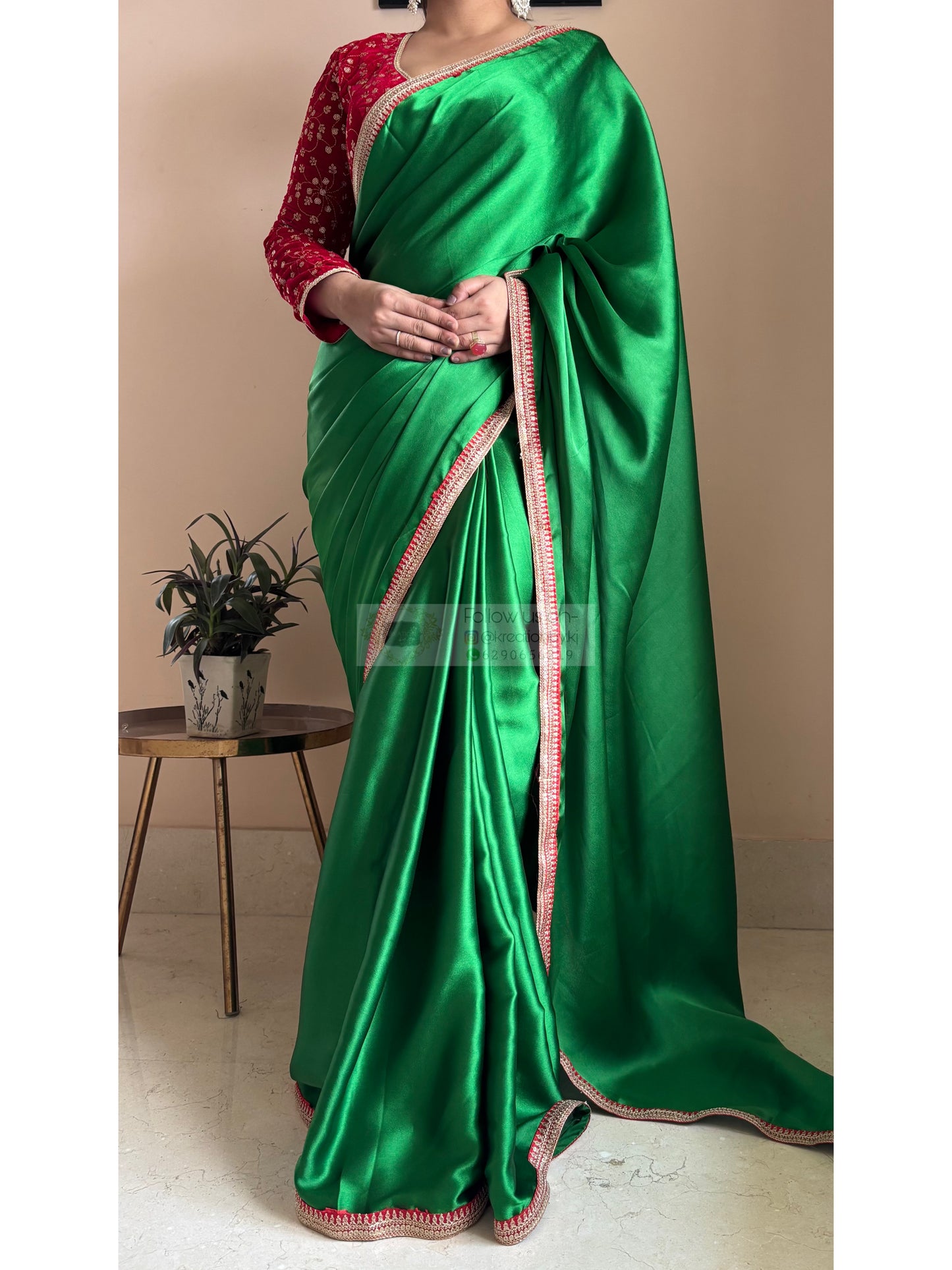 Green Satin Silk Saree with Red Border - kreationbykj