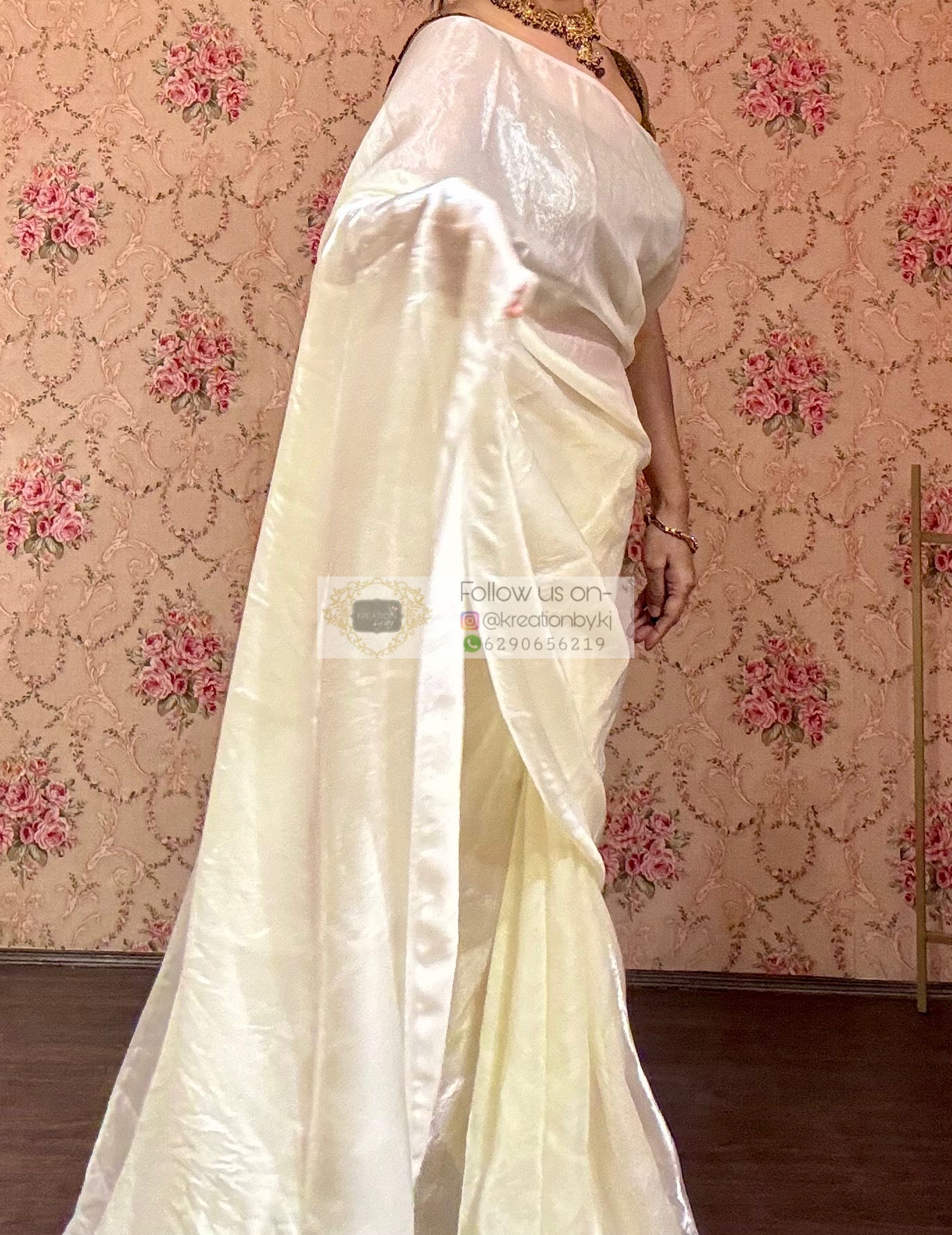 Cream Dream Shimmer Satin Saree - kreationbykj