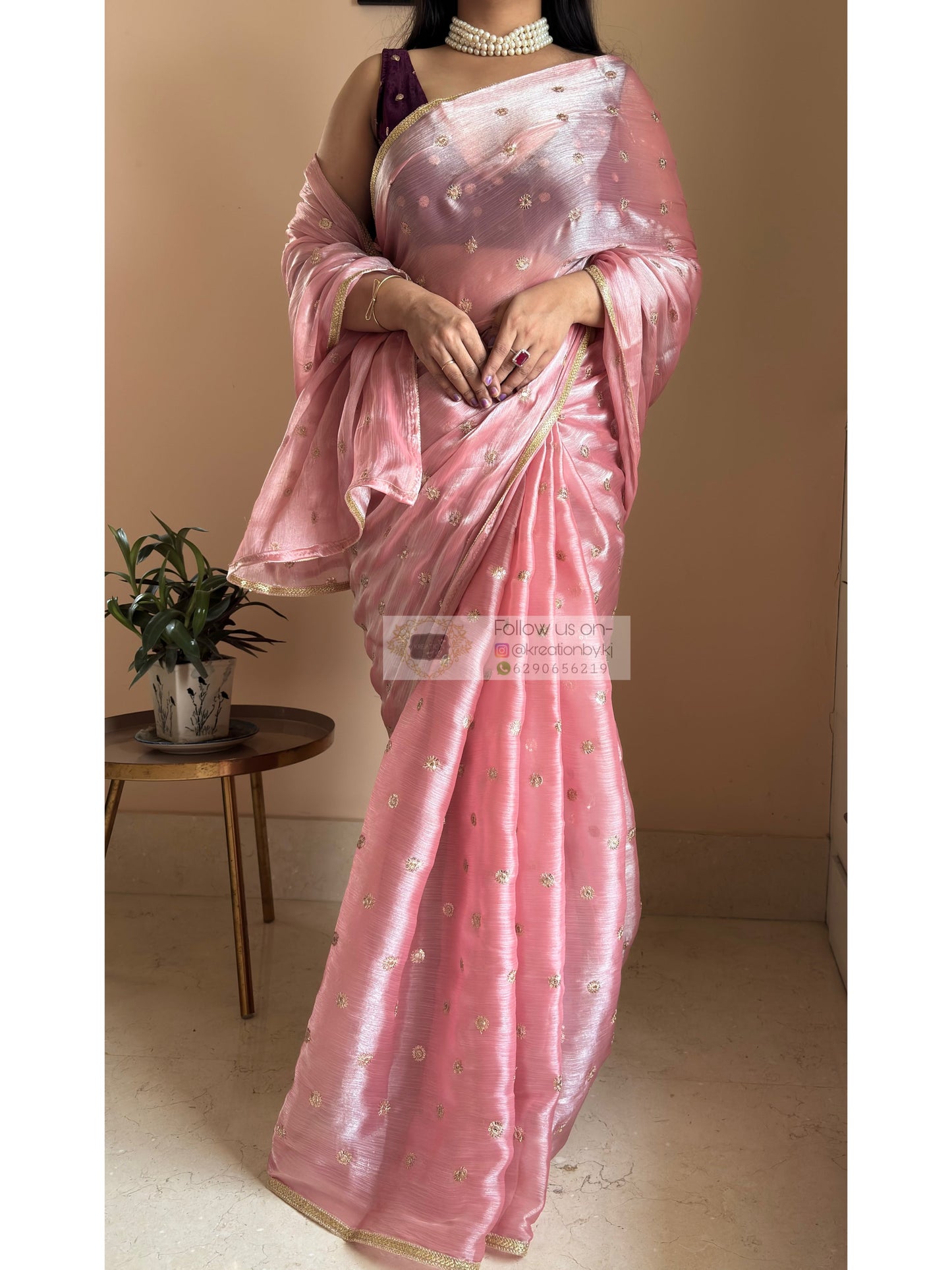 Peach Mettalic Chiffon Saree with Sequin Border