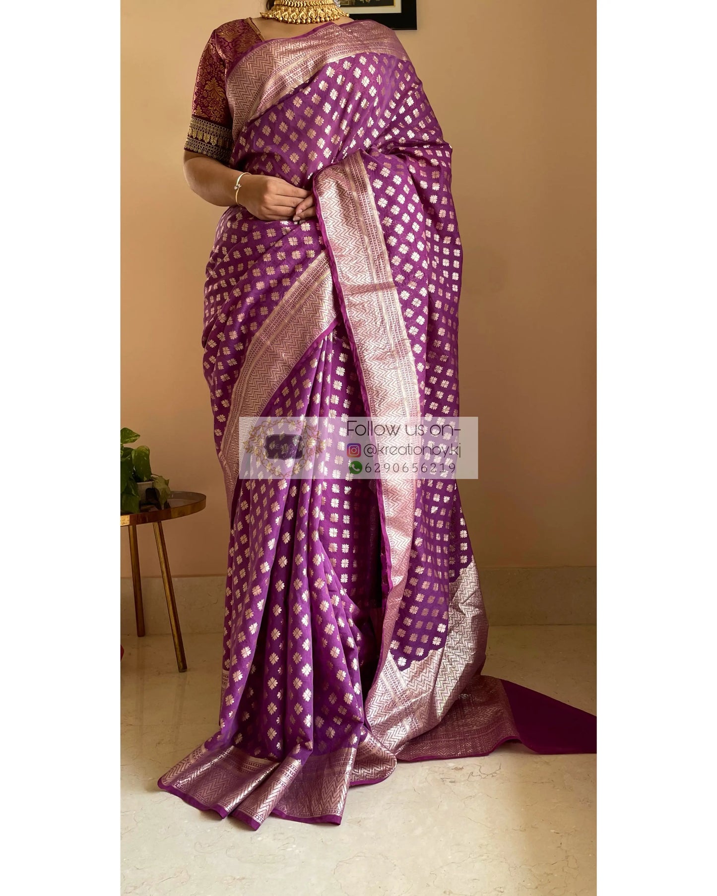 Purple Banarasi Cotton Silk Saree kreationbykj