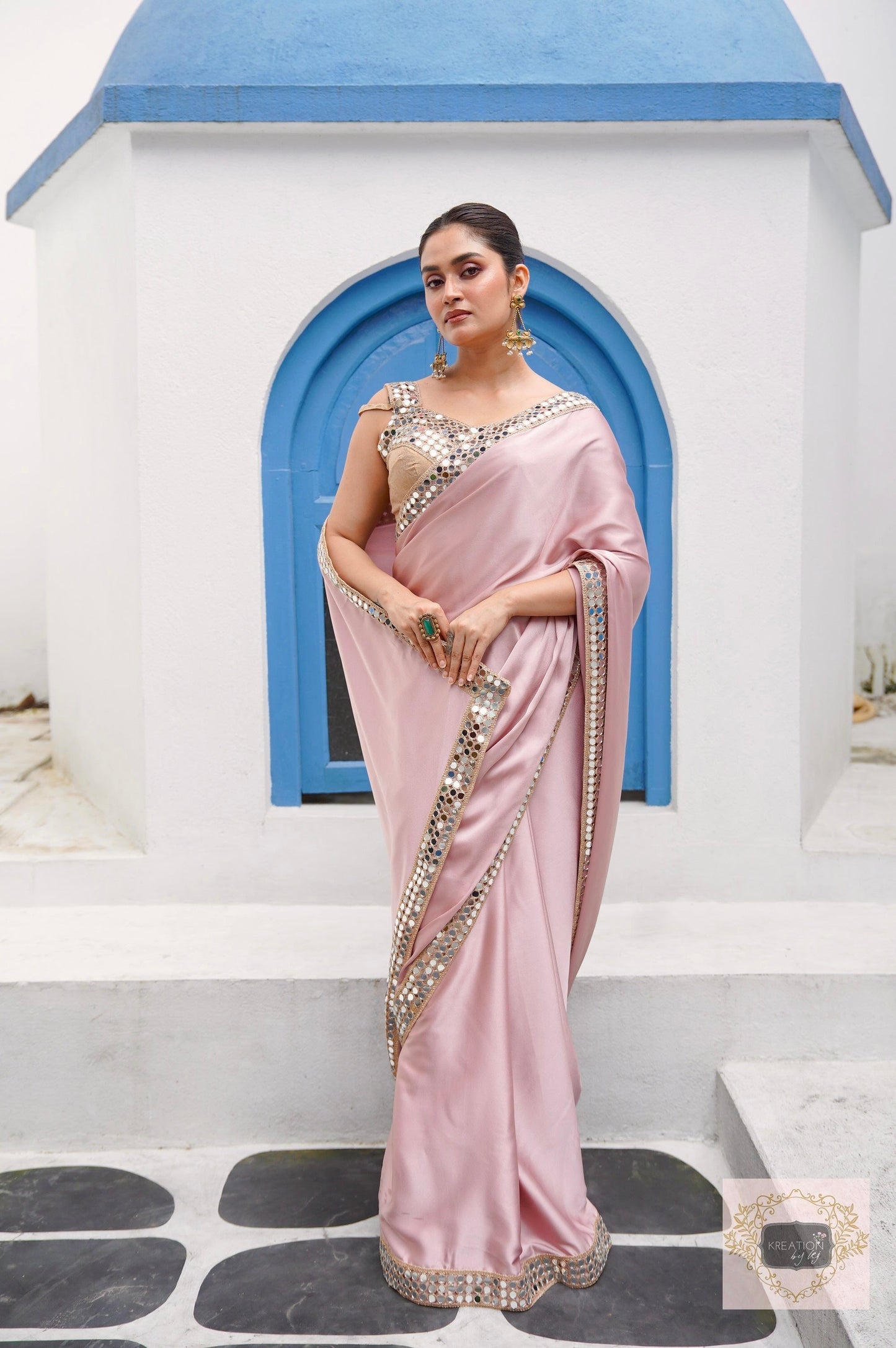 Lilac Satin Silk Saree with Cut Mirror work Lace kreationbykj