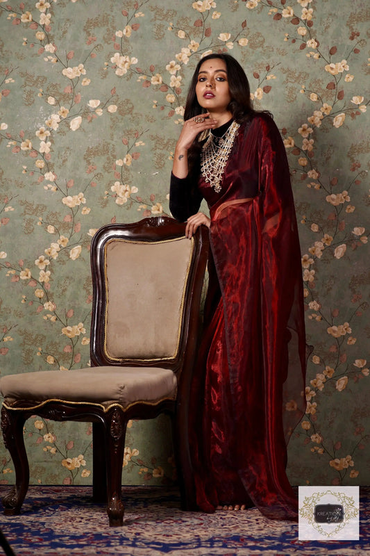 Maroon Glass Tissue Saree kreationbykj.in