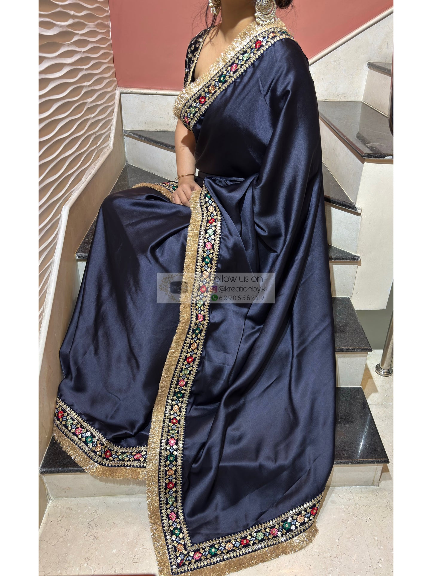 Navy Blue Satin Silk Floral Banno Saree kreationbykj