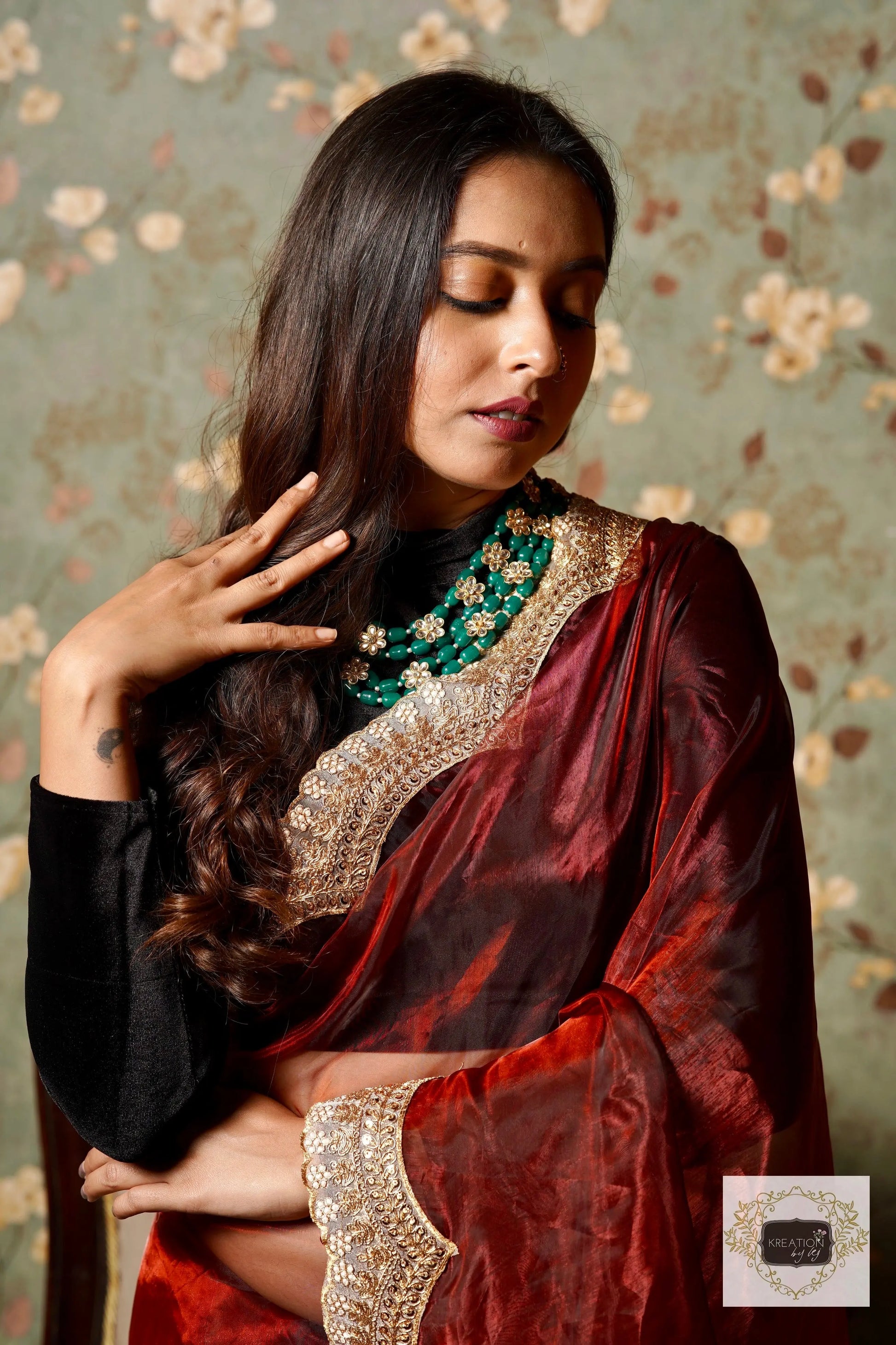 Maroon Glass Tissue with Golden  Border Saree kreationbykj