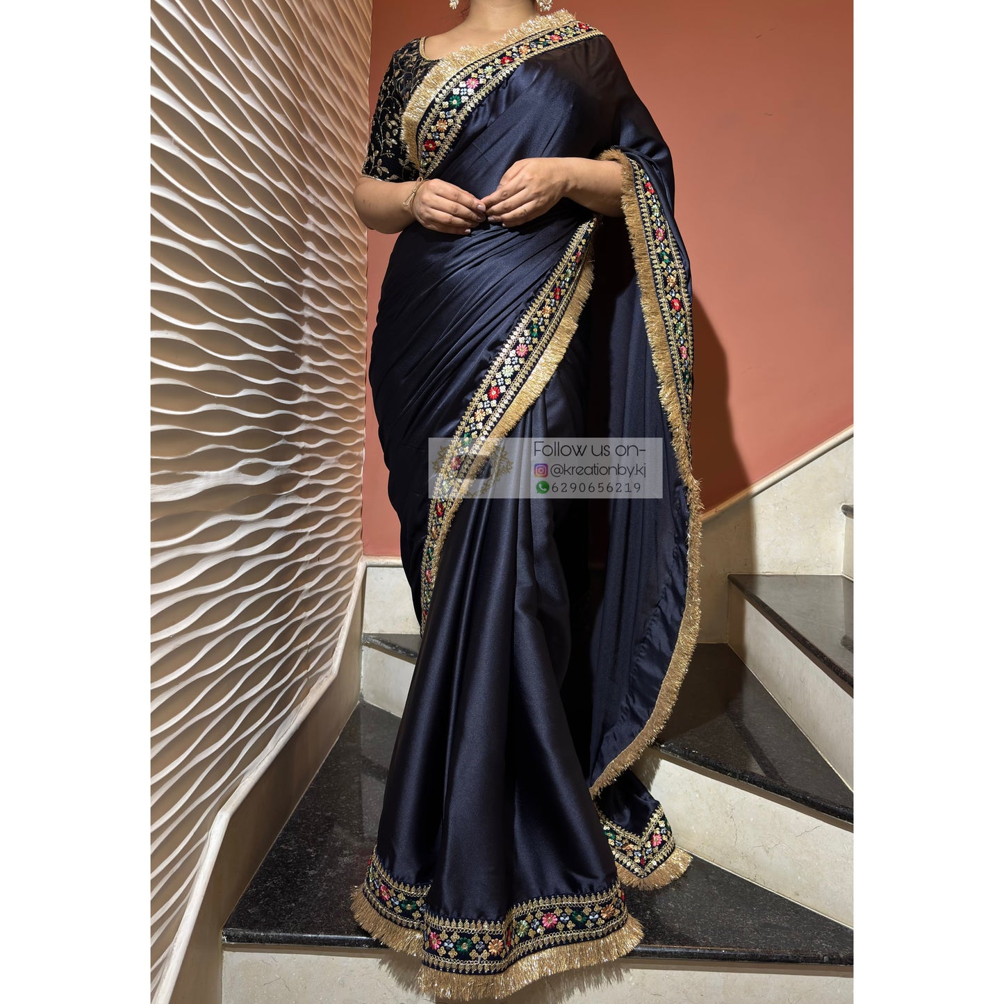 Navy Blue Satin Silk Floral Banno Saree kreationbykj
