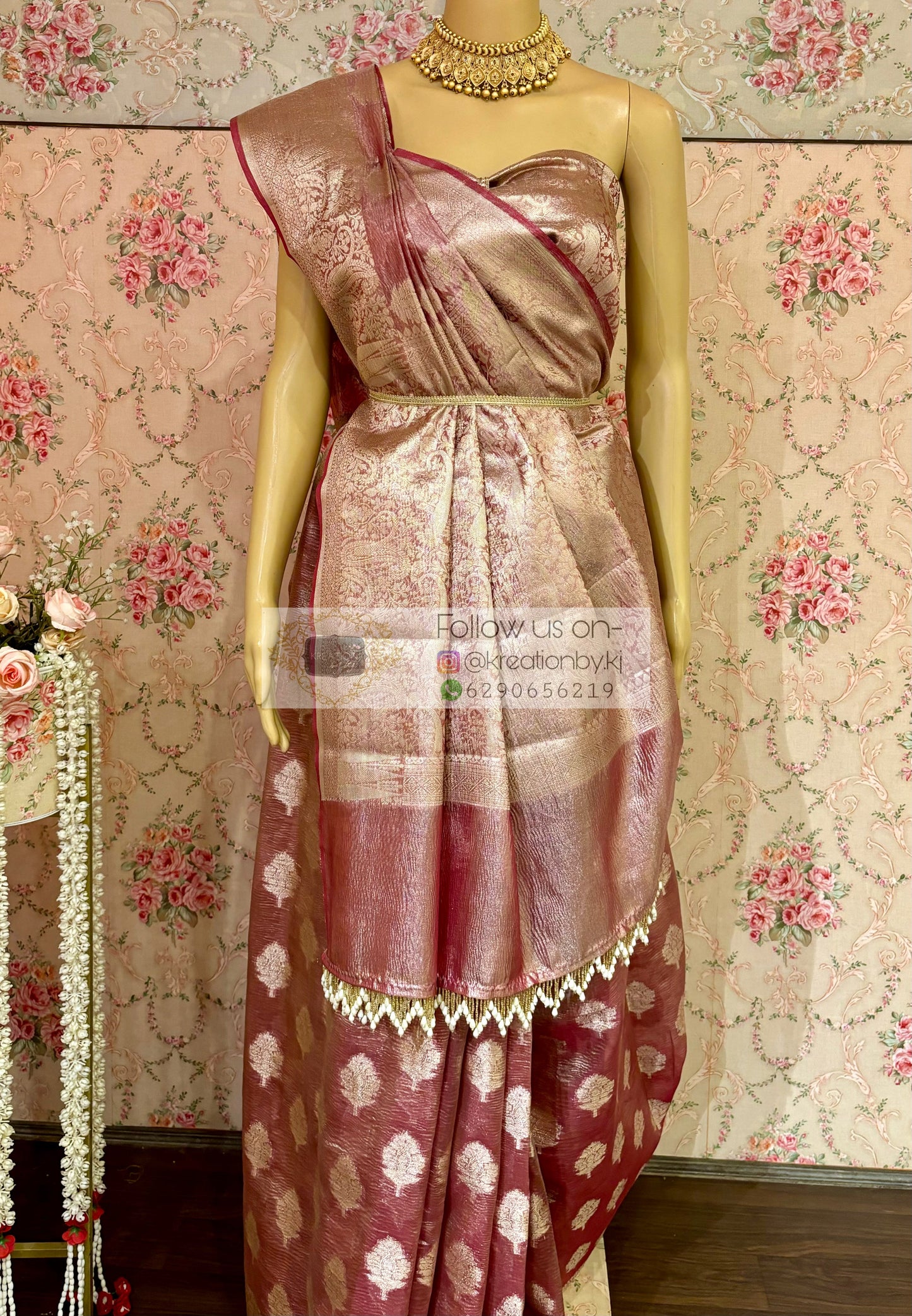 Dusty Mauve Banarasi Crushed Tissue Saree kreationbykj