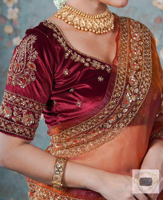 Burgundy Velvet Bridal Blouse Piece with Zardosi Work kreationbykj