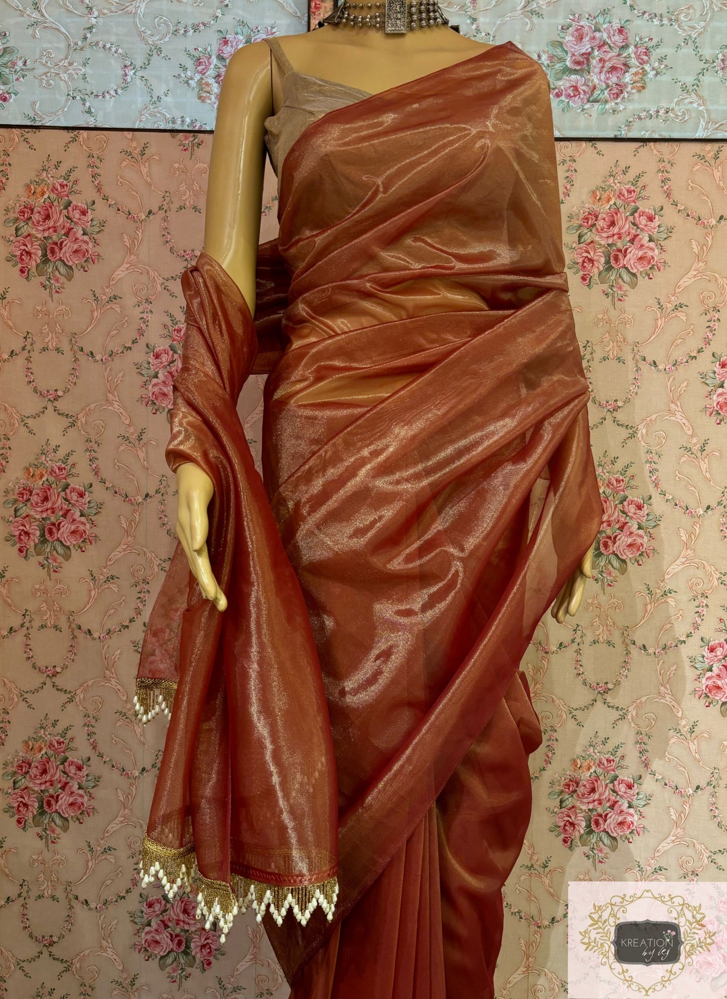Caramel Tissue Net Cocktail Saree kreationbykj