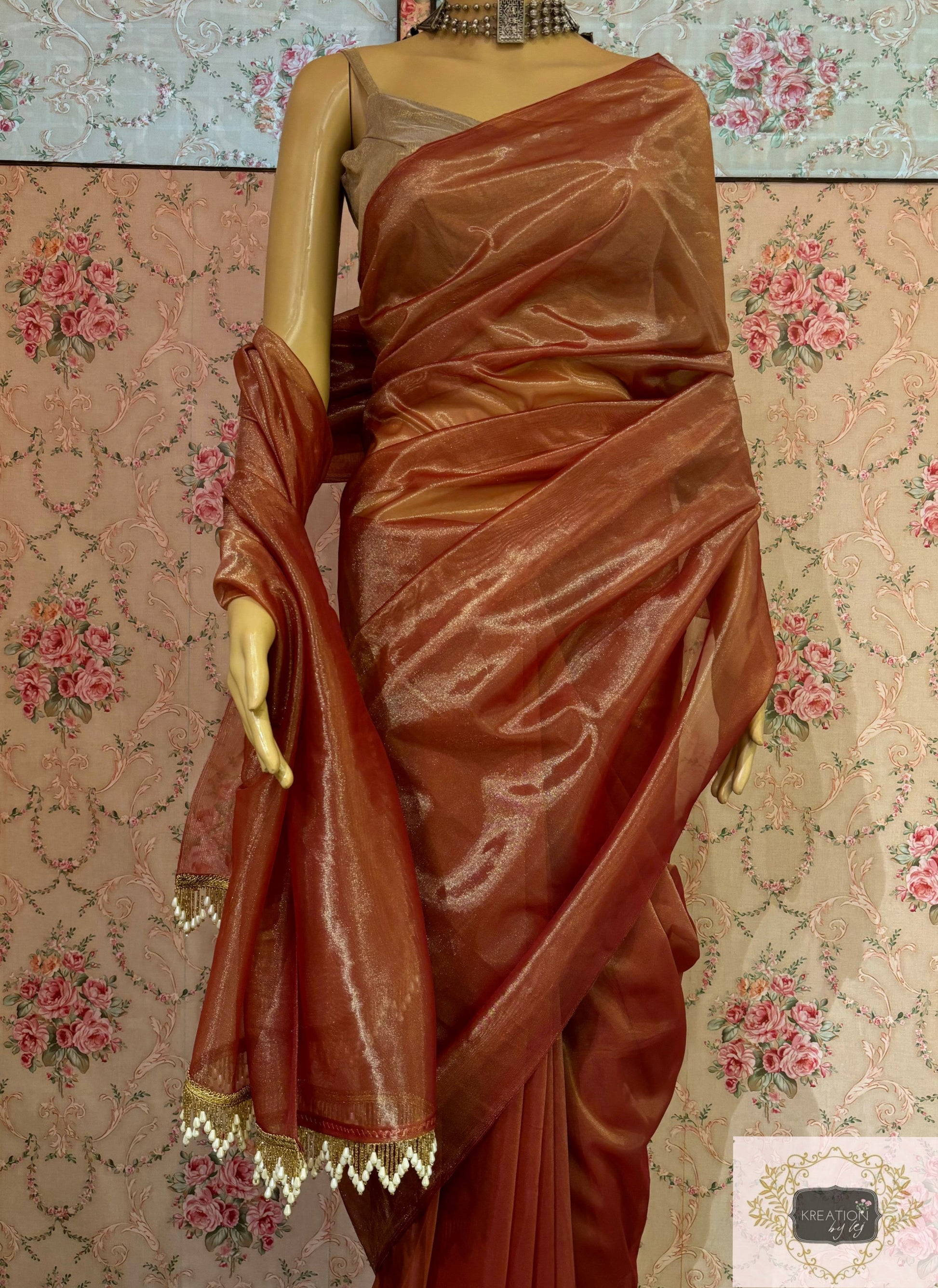 Caramel Tissue Net Cocktail Saree kreationbykj
