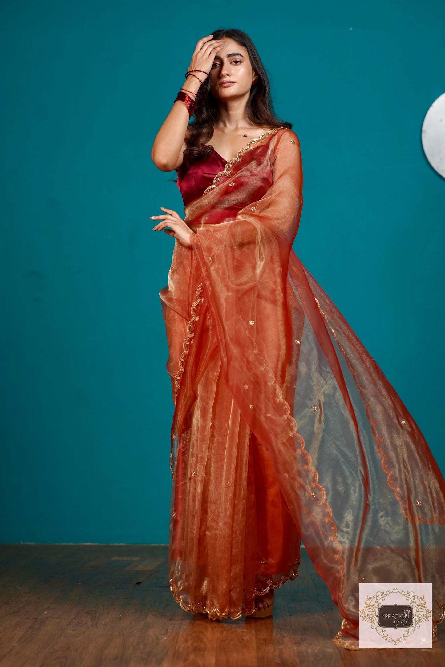 Marigold Glass Tissue Sequin Piyali Saree kreationbykj