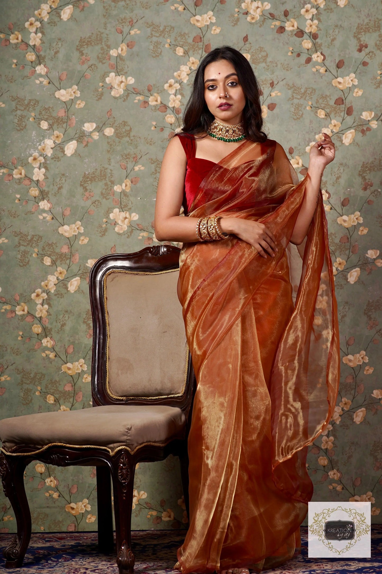 Golden Auburn Glass Tissue Saree kreationbykj
