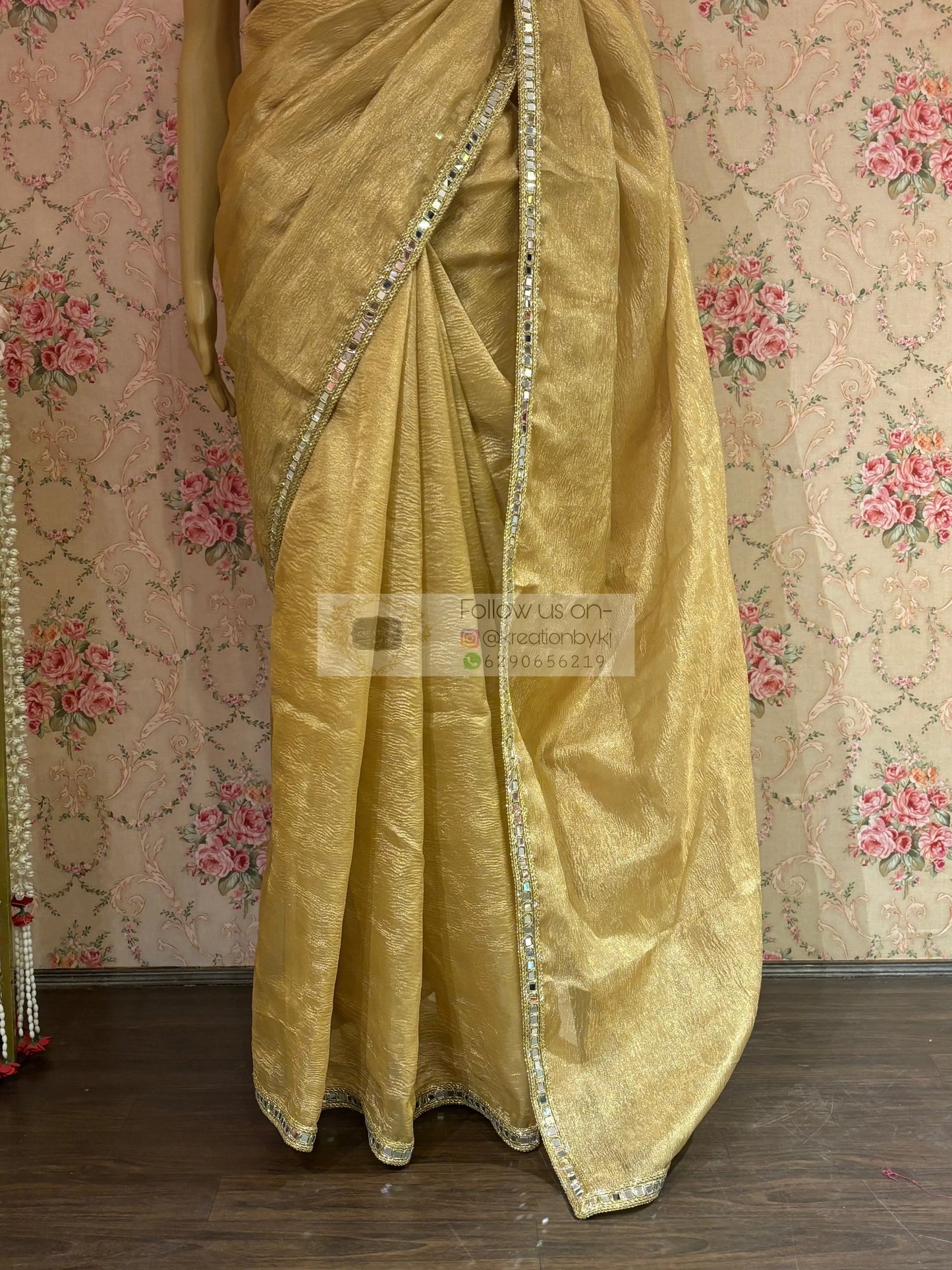 Golden Beige Tissue Saree with Mirror Border kreationbykj