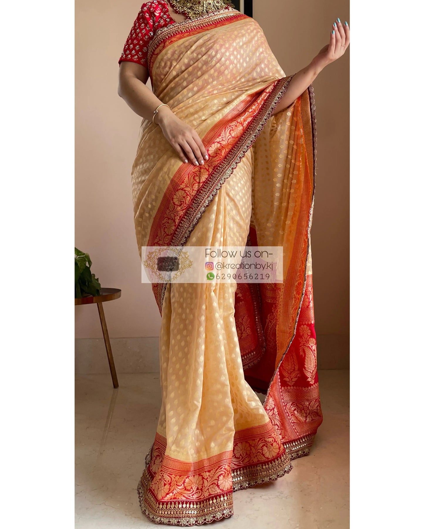 Beige Banarasi Georgette Saree with Red Border for Puja kreationbykj
