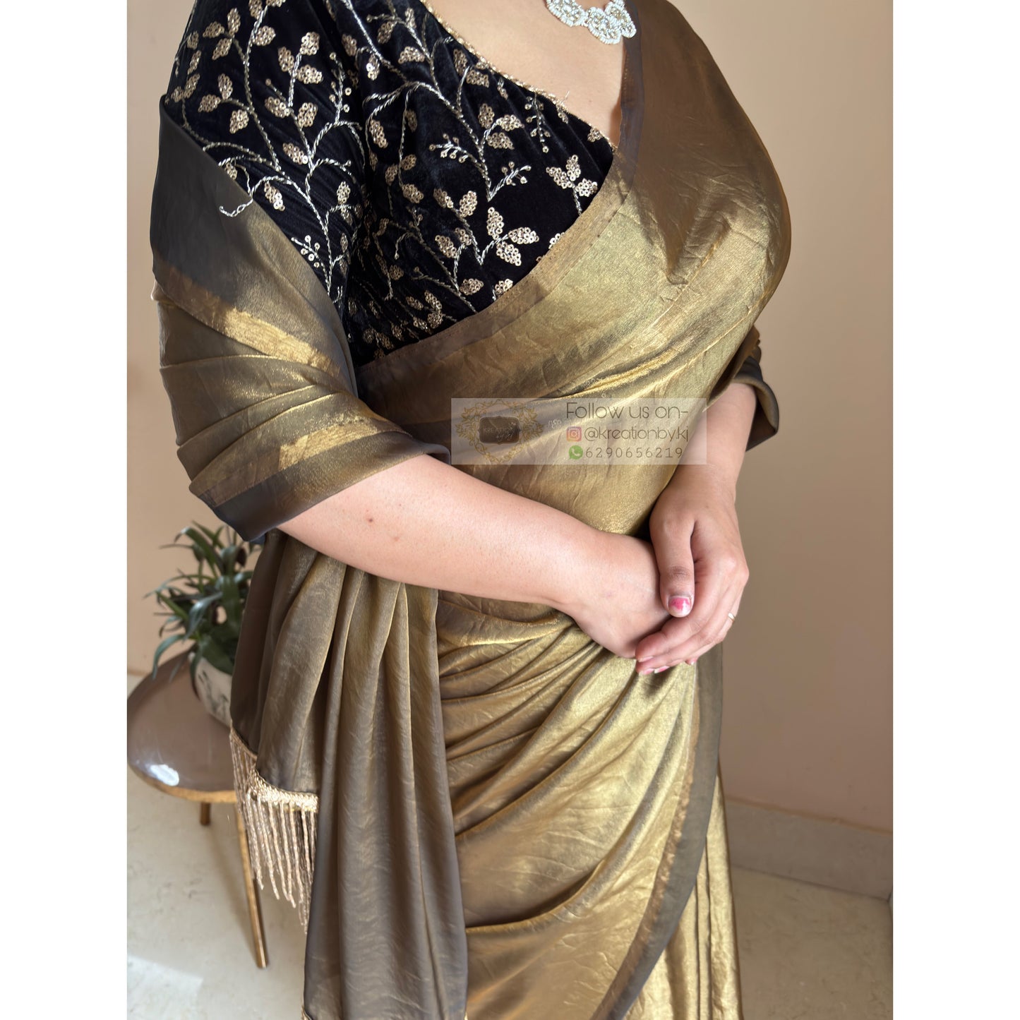 Molten Golden Shimmer Satin Saree With Handmade Tassels on Pallu kreationbykj