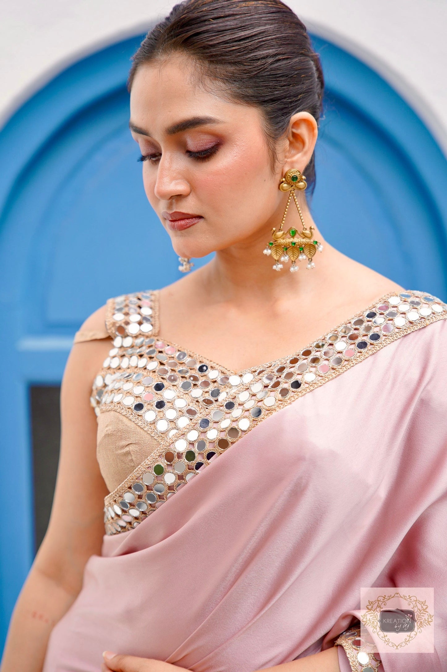 Lilac Satin Silk Saree with Cut Mirror work Lace kreationbykj
