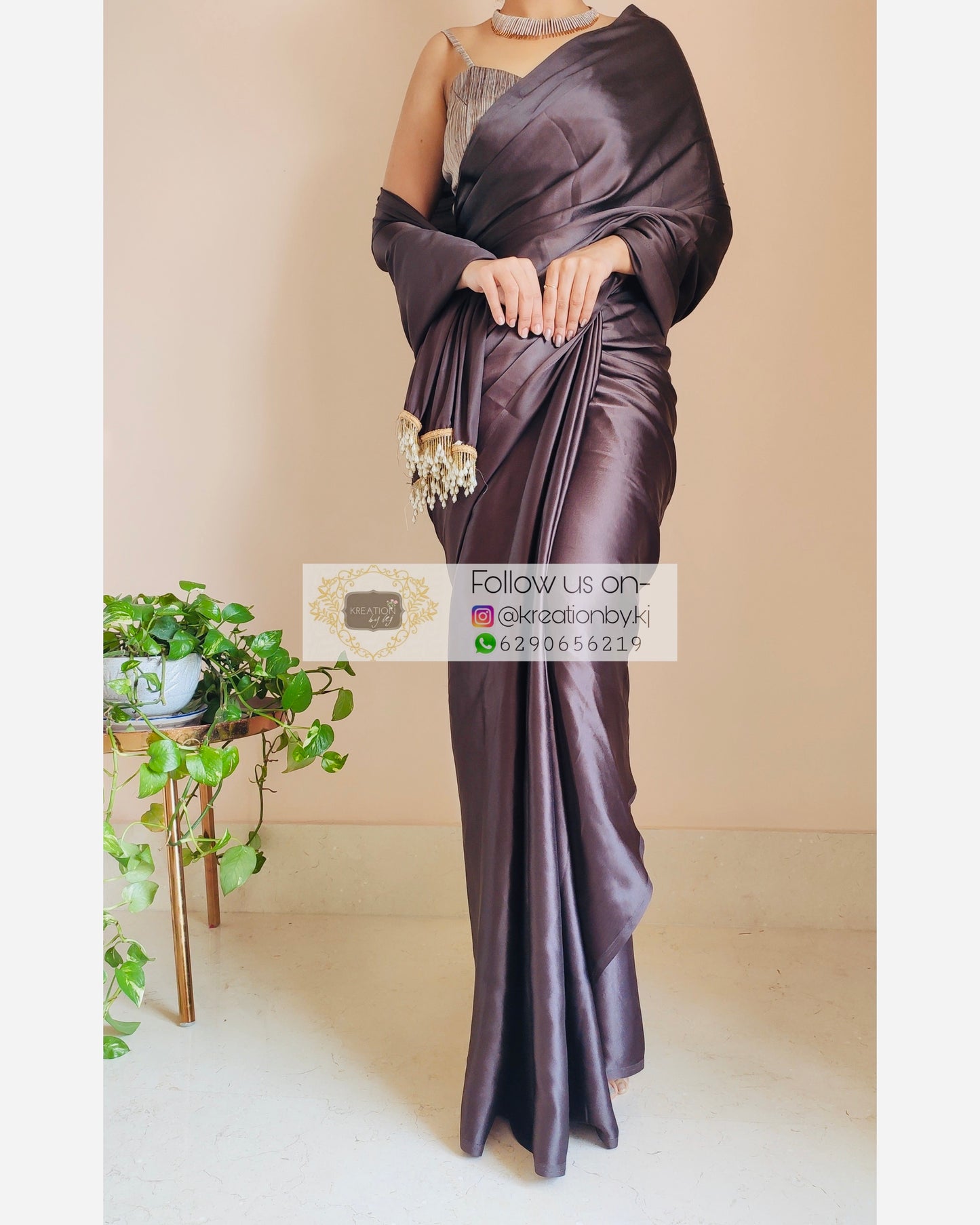 Chocolate Brown Satin Silk Saree With Handmade Tassels On Pallu