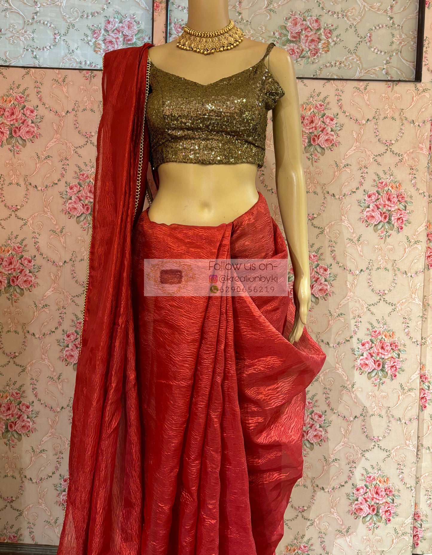 Red Crushed Tissue Saree with Golden Border kreationbykj