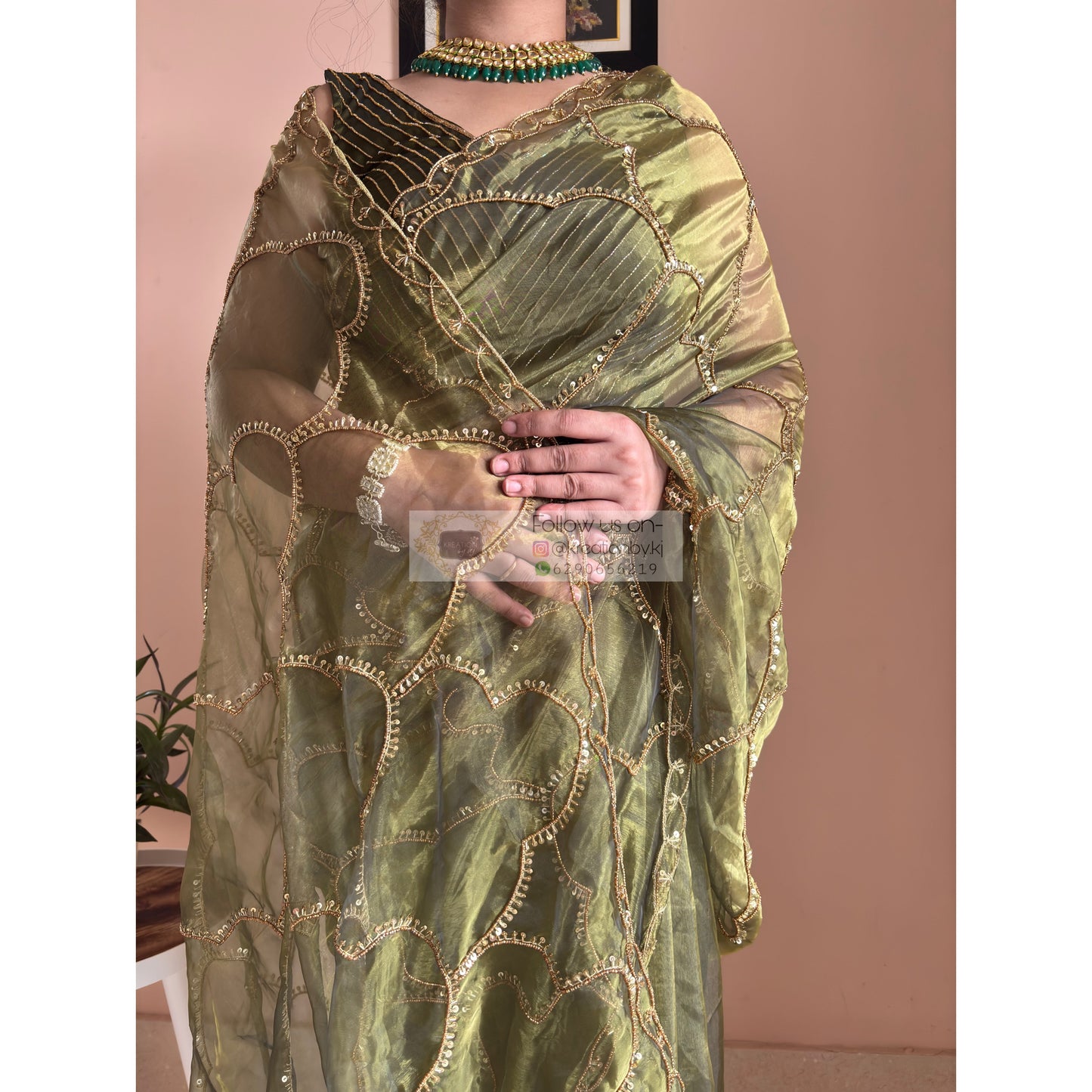 Military Green Chaudhvin ka Chand Saree for Wedding Kreation by KJ