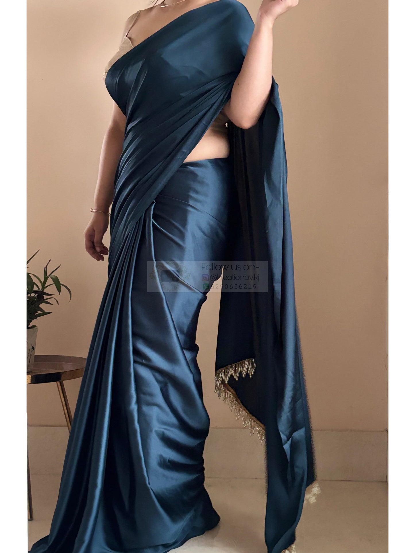 Midnight Blue Satin Silk Saree With Handmade Tassels On Pallu kreationbykj