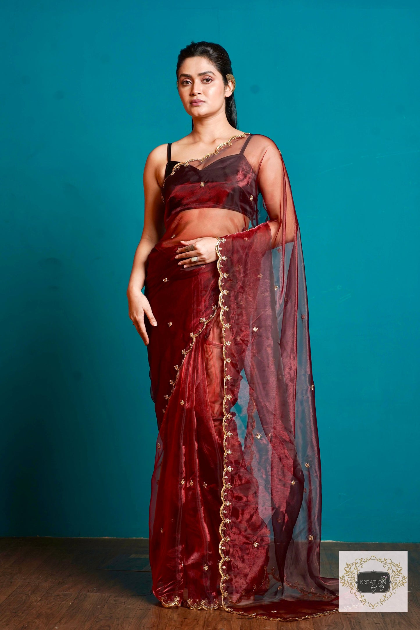 Maroon Glass Tissue Sequin Piyali Saree kreationbykj