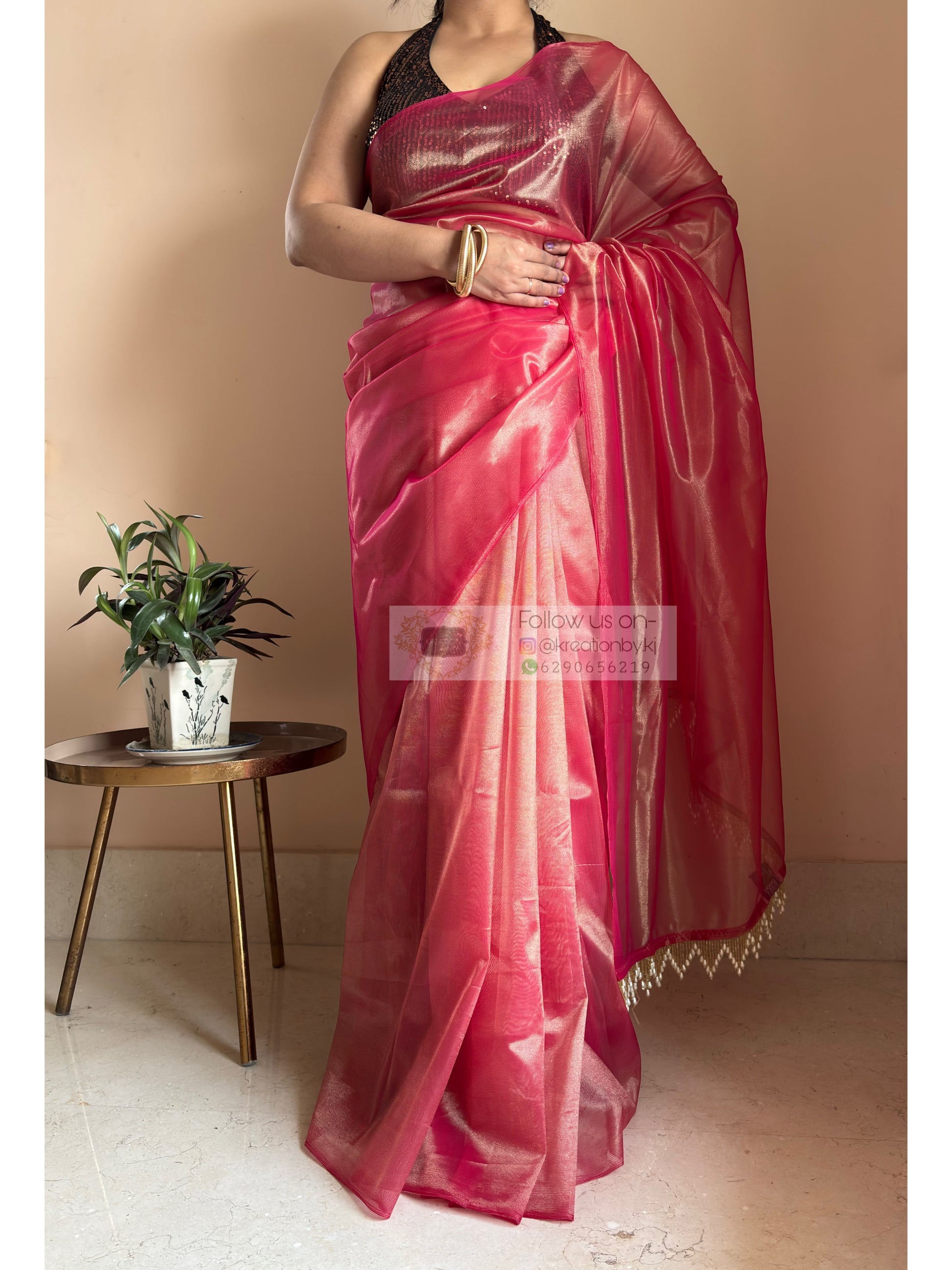 Rose Pink Tissue Net Bridal  Saree kreationbykj