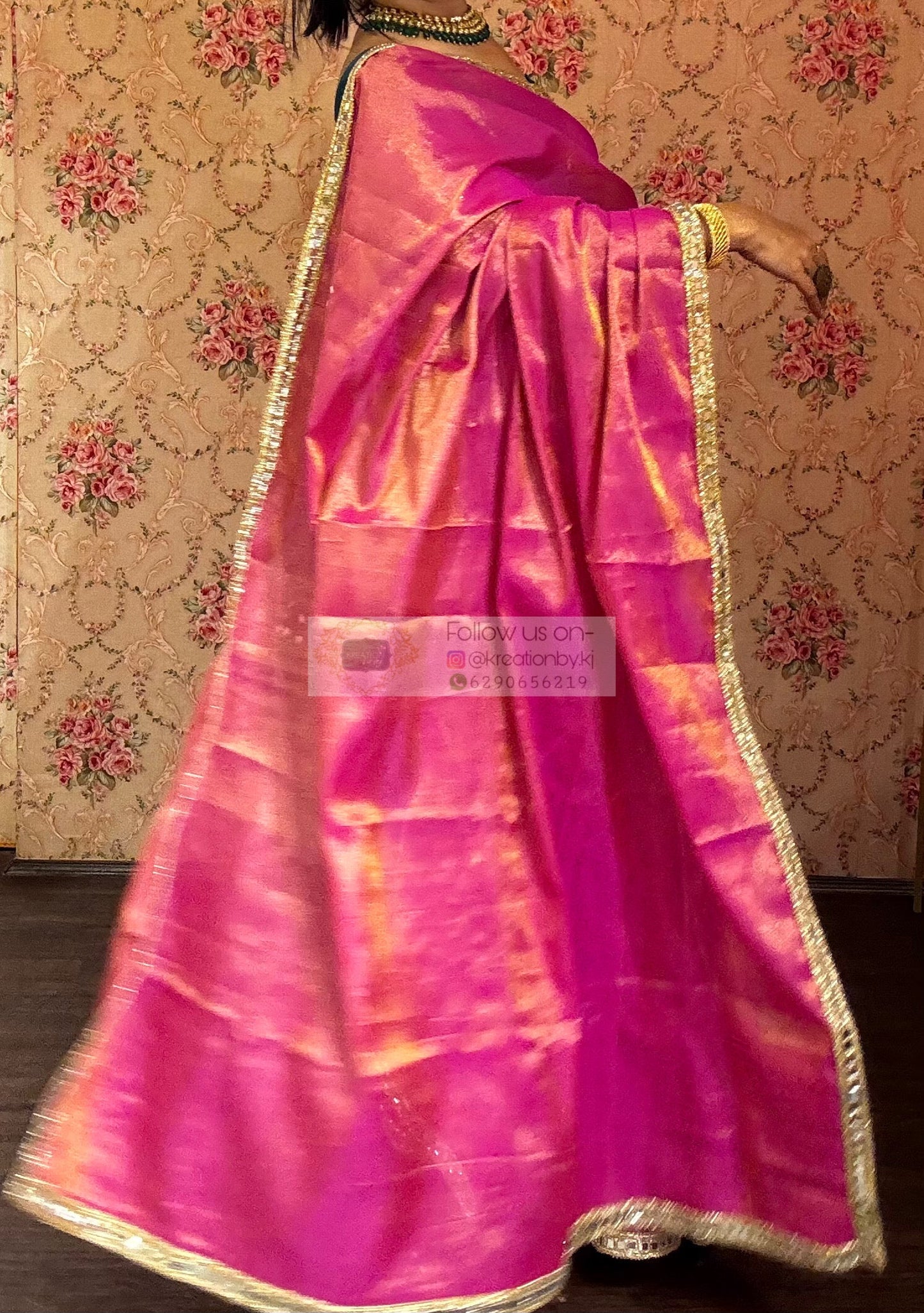 Hot Pink Mirage Saree with Cut Mirror Border kreationbykj