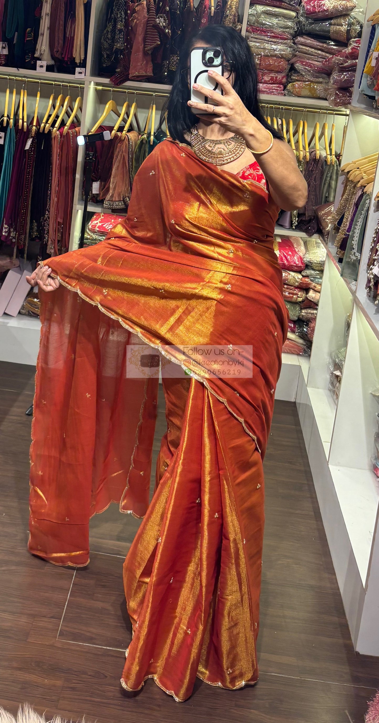 Burnt Orange Tissue Saree with Handembroidered Scalloping kreationbykj