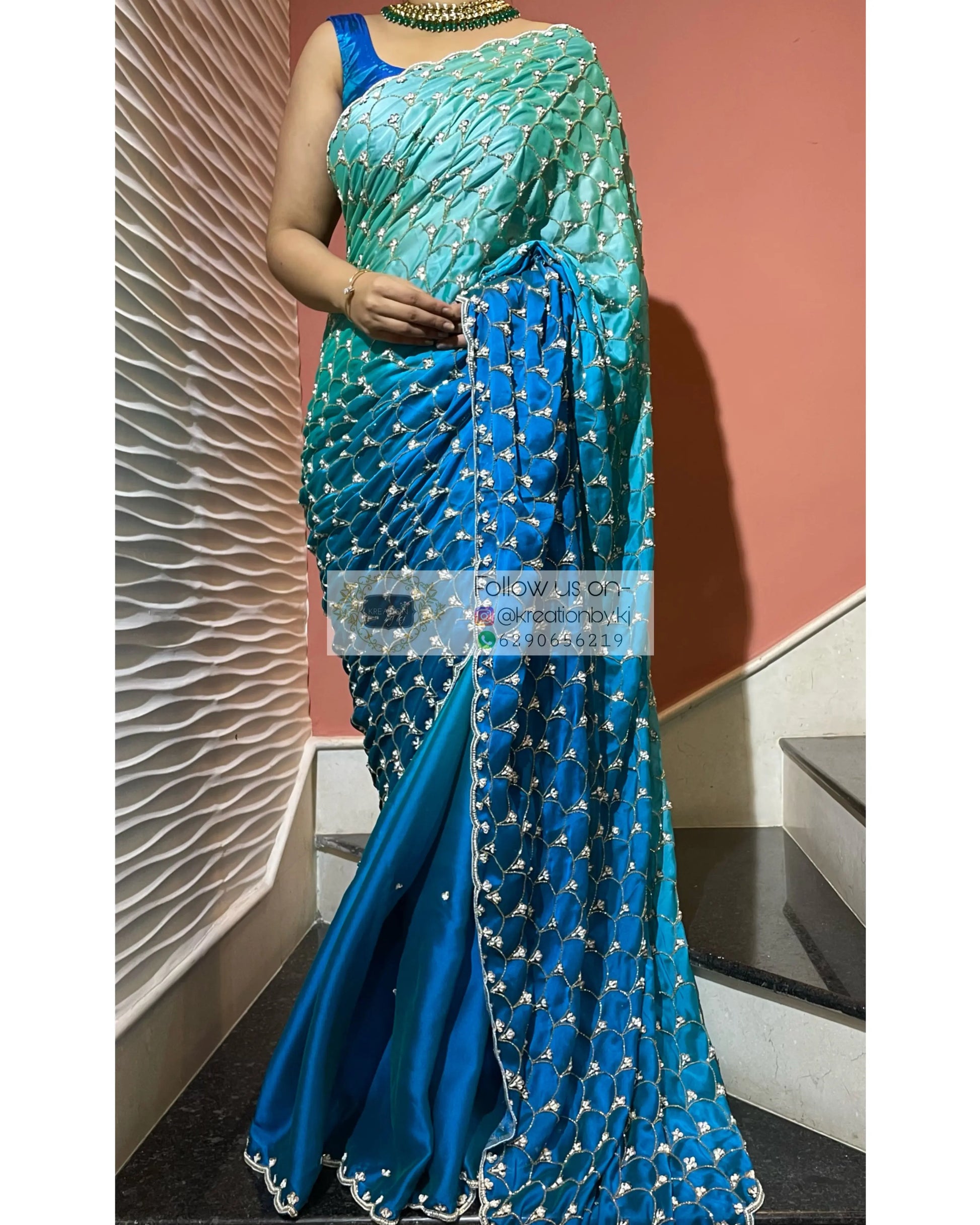 Ocean Mist Ombré Cutdana Mehraab Jaal Saree kreationbykj