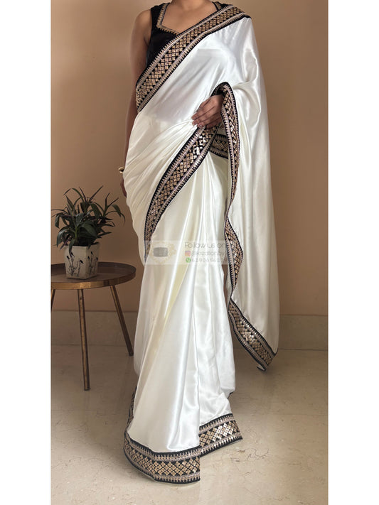 Cream Satin Silk Saree with Black Border Party Wear - kreationbykj