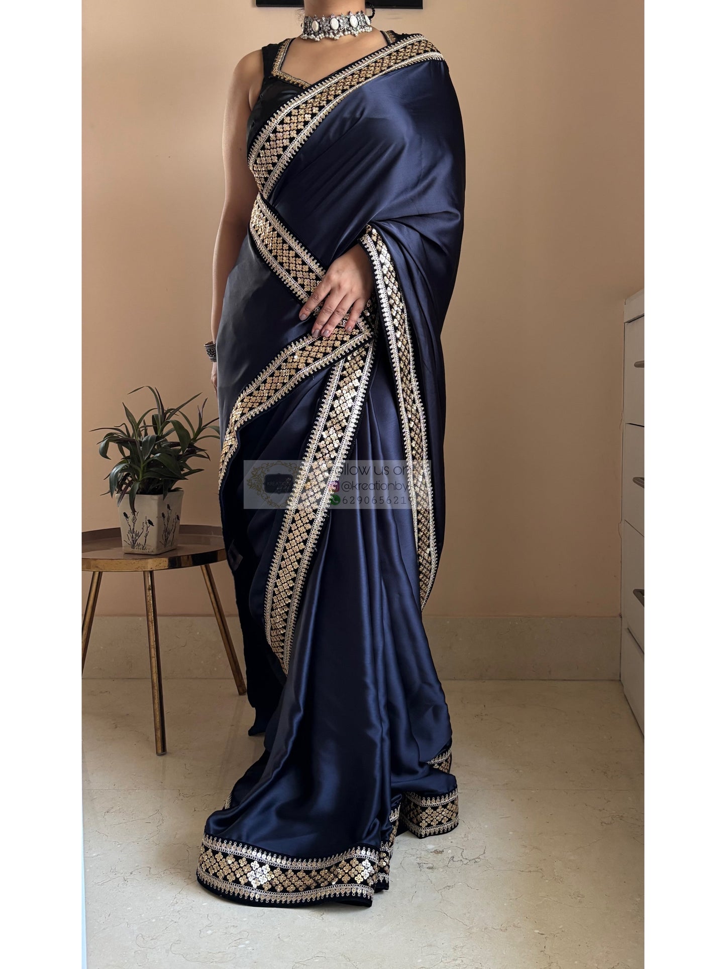 Dark Navy Blue Satin Silk Saree with Black Border kreationbykj