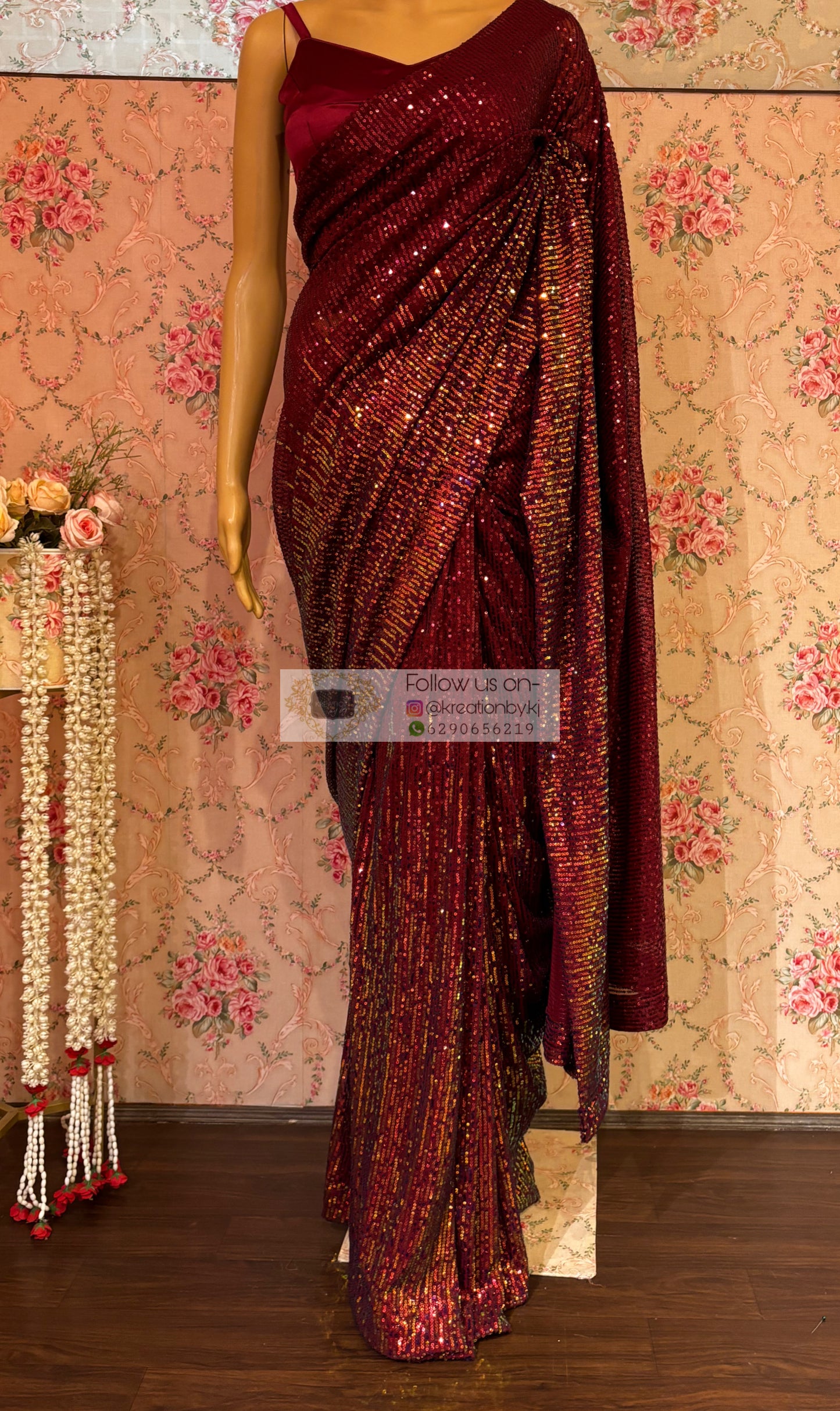 Maroon Sequins Starlit Vogue cocktail Saree - kreationbykj