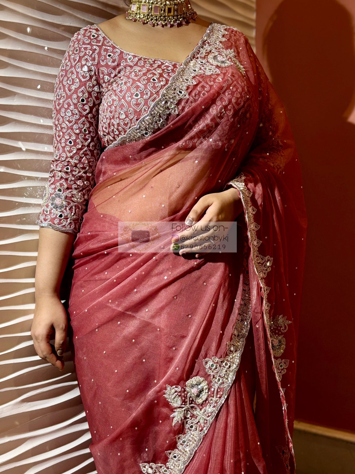 Salmon Pink Hand-embroidered Saree kreationbykj