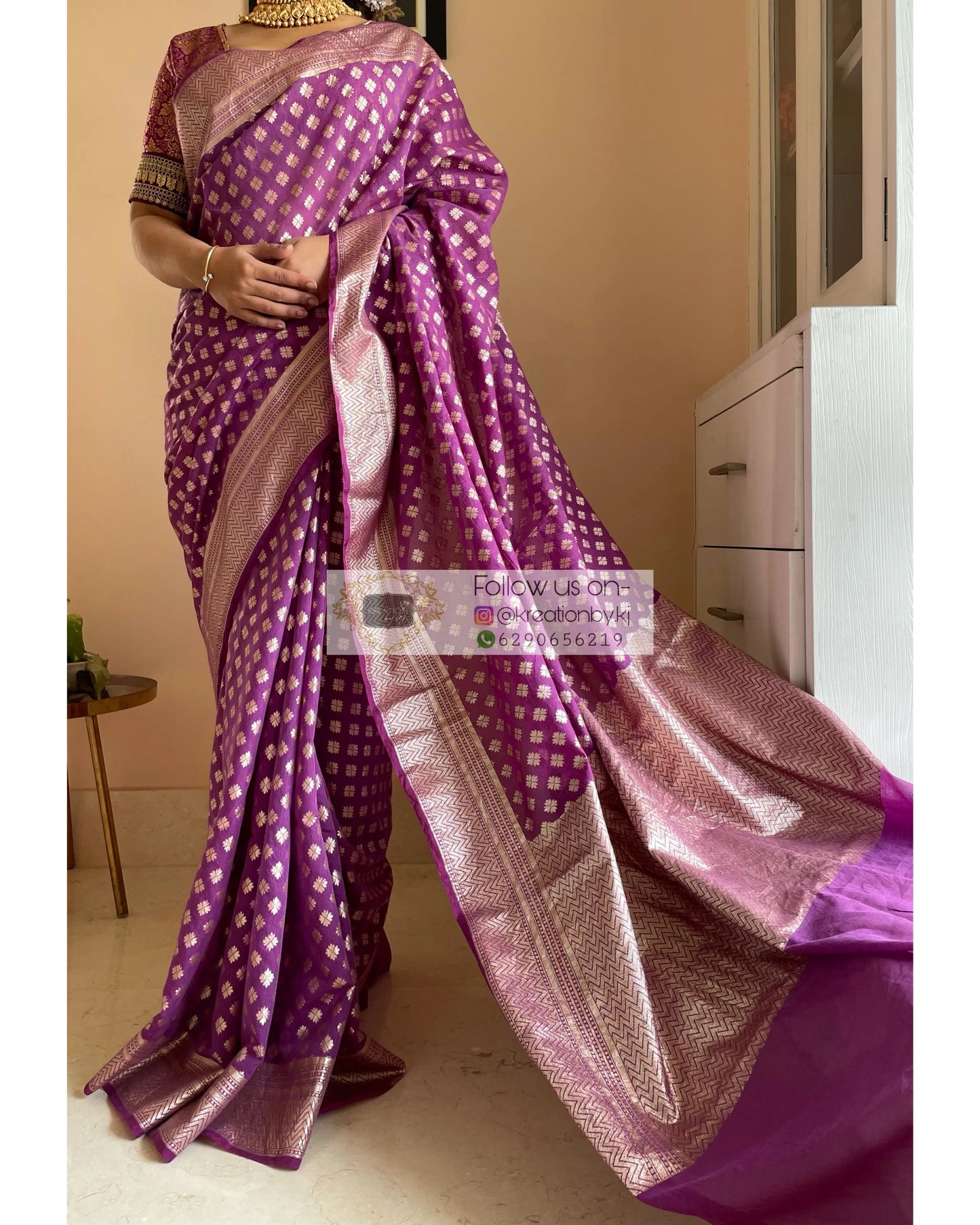 Purple Banarasi Cotton Silk Saree kreationbykj