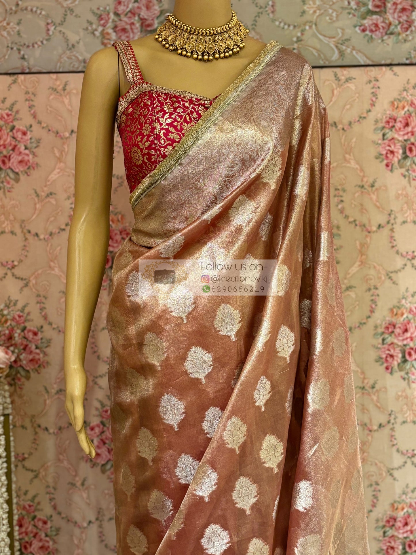 Peach Rose Designer Banarasi Tissue Silk Saree kreationbykj