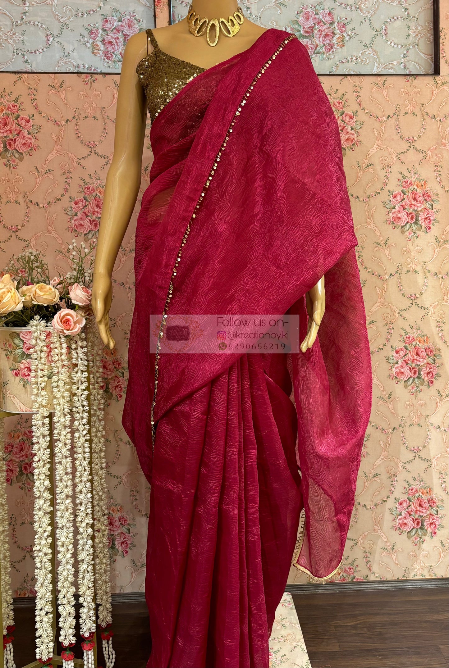 Magenta Pink Crushed Tissue Saree kreationbykj