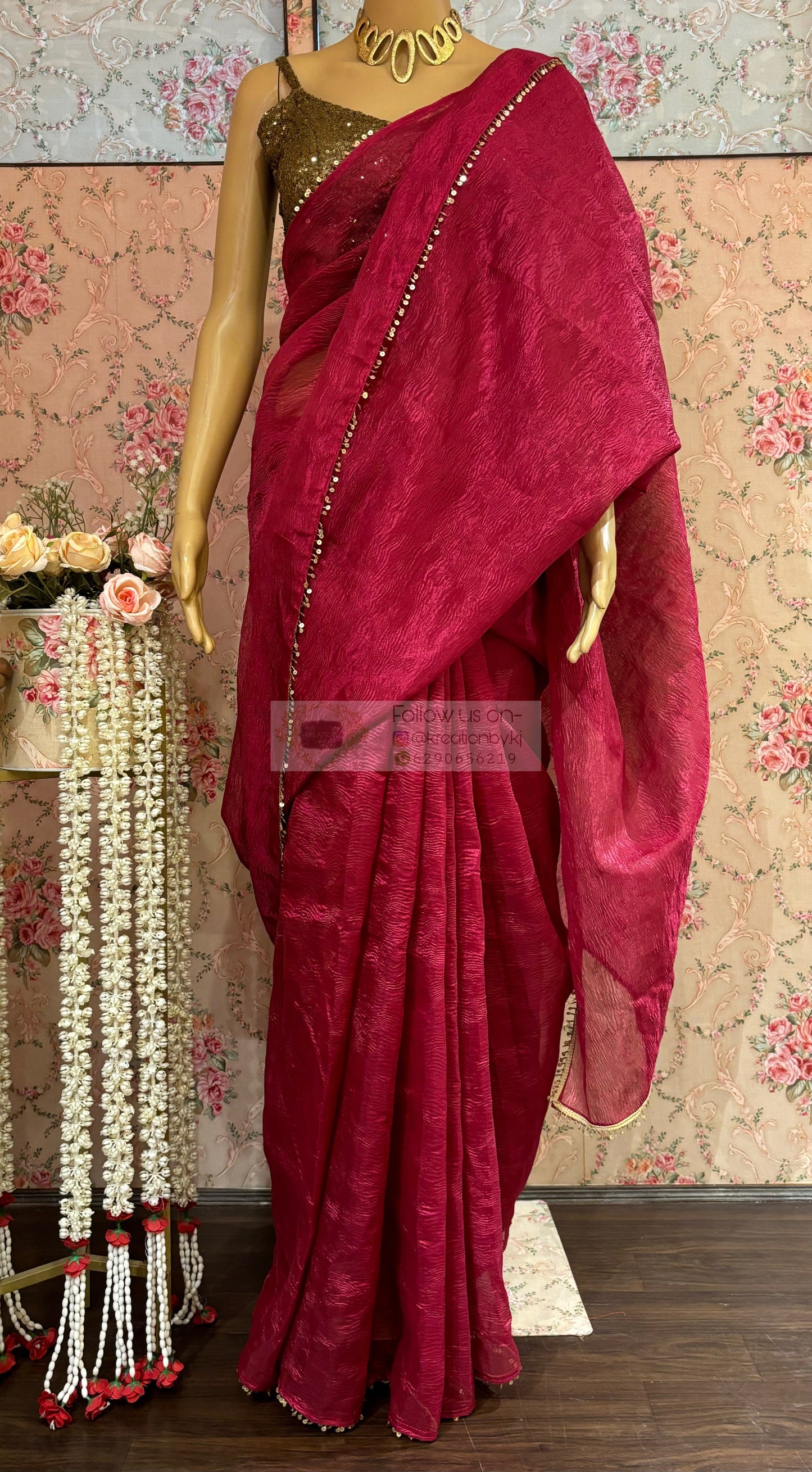 Magenta Pink Crushed Tissue Saree kreationbykj