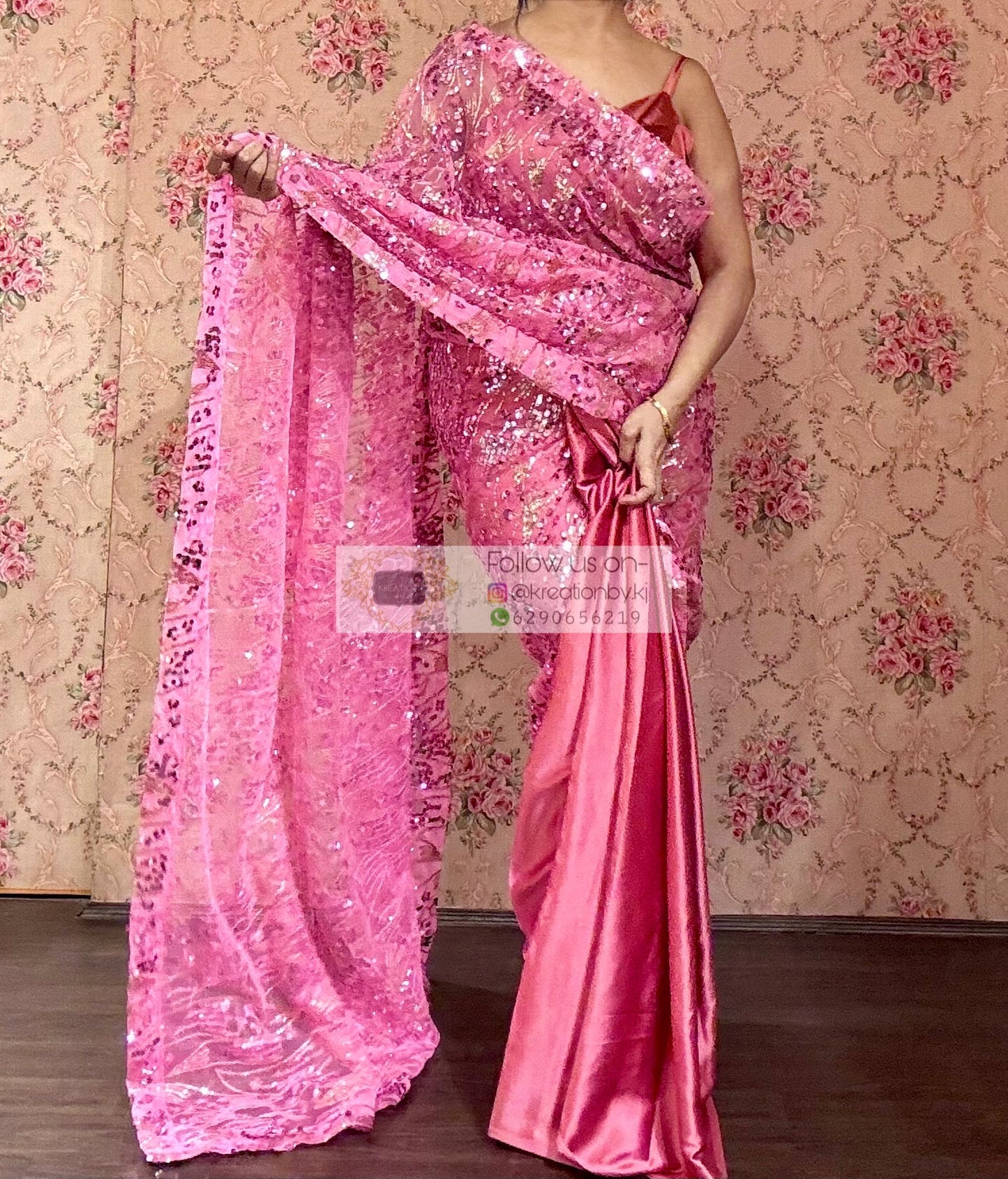 Pink Mermaid Sequin Partywear Saree kreationbykj