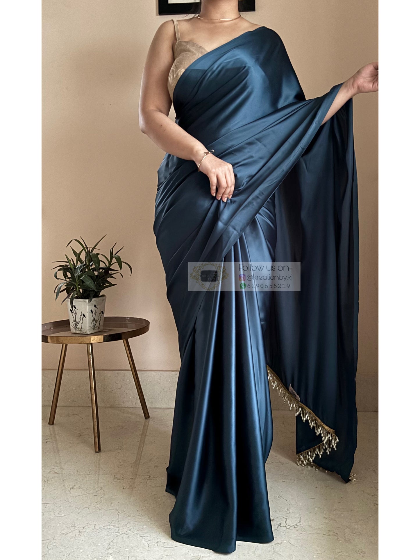 Midnight Blue Satin Silk Saree With Handmade Tassels On Pallu kreationbykj