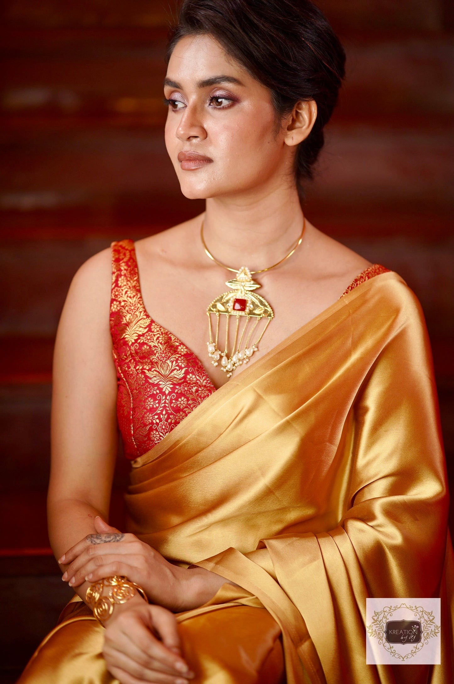 Champagne Gold Satin Saree kreationbykj