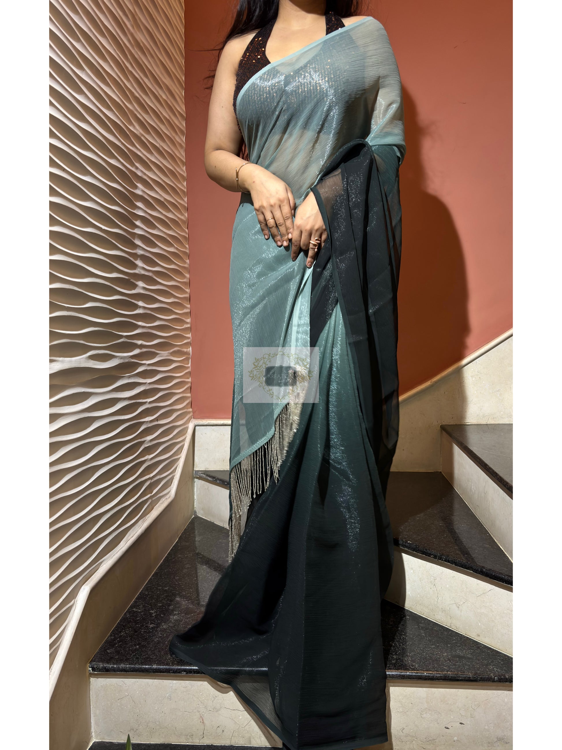 Soft Greenish Hues Ombré Saree - kreationbykj