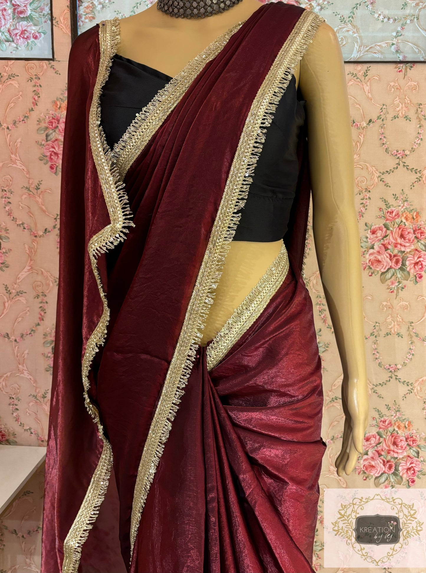 Cheery Wine Metallic Shimmer satin Banno Saree kreationbykj