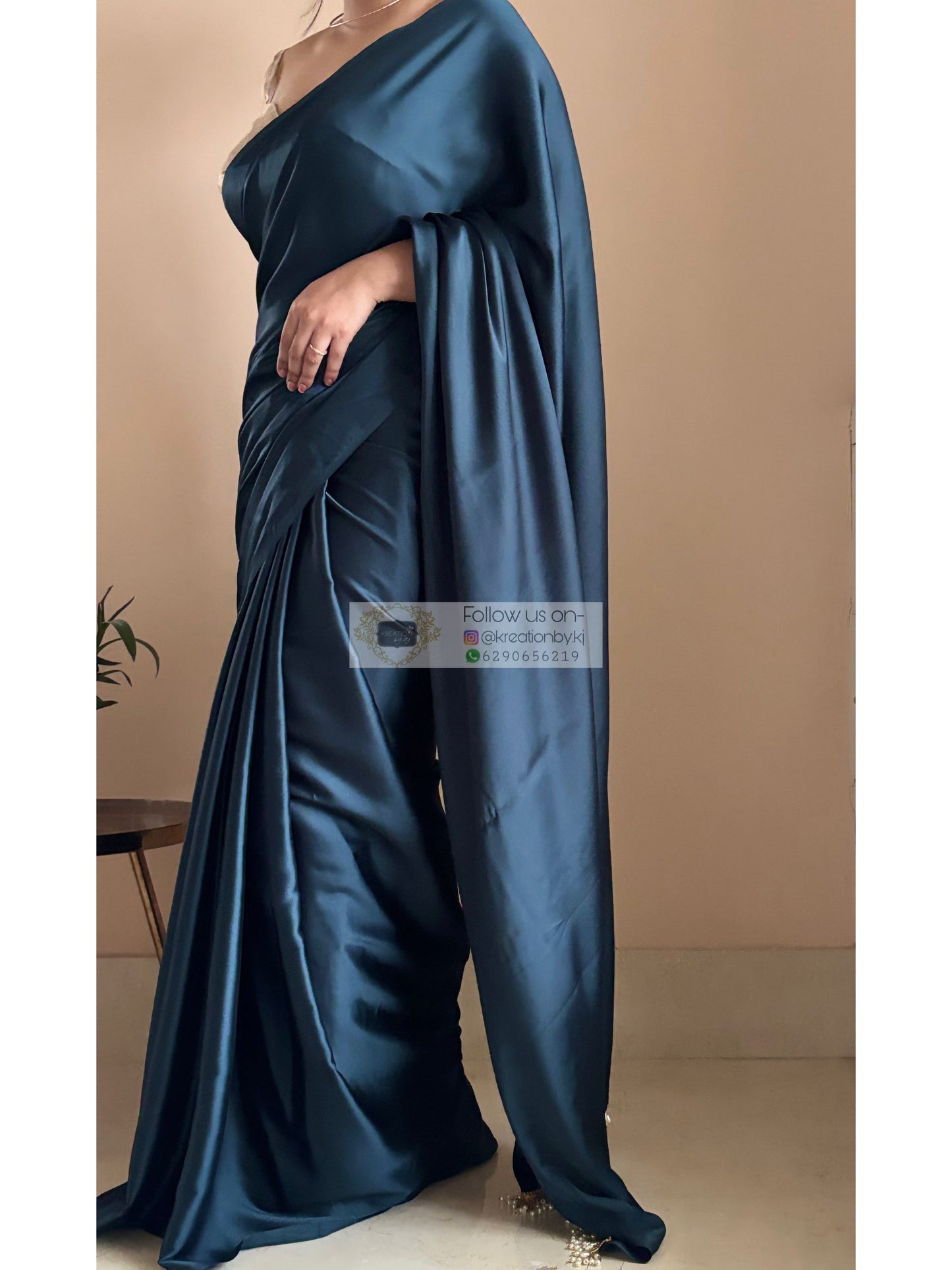 Midnight Blue Satin Silk Saree With Handmade Tassels On Pallu kreationbykj