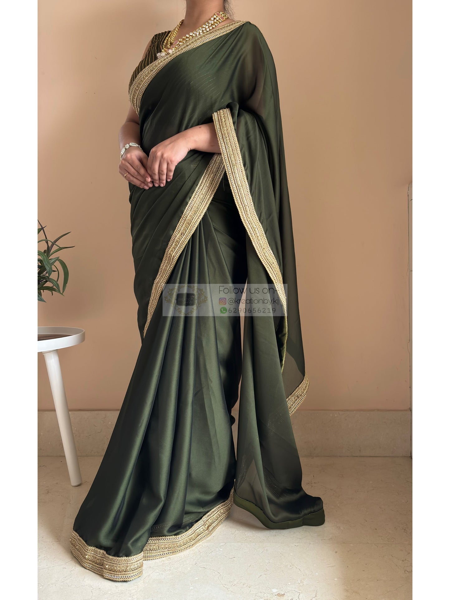 Olive Green Georgette Saree with Golden Border Kreation by KJ