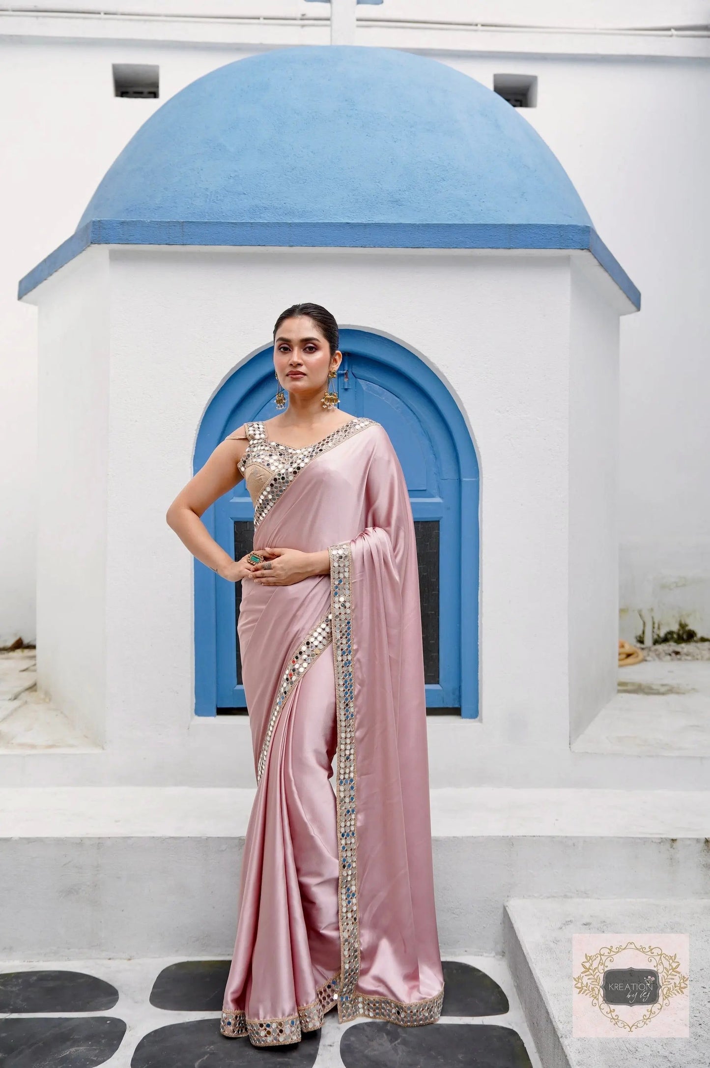 Lilac Satin Silk Saree with Cut Mirror work Lace kreationbykj