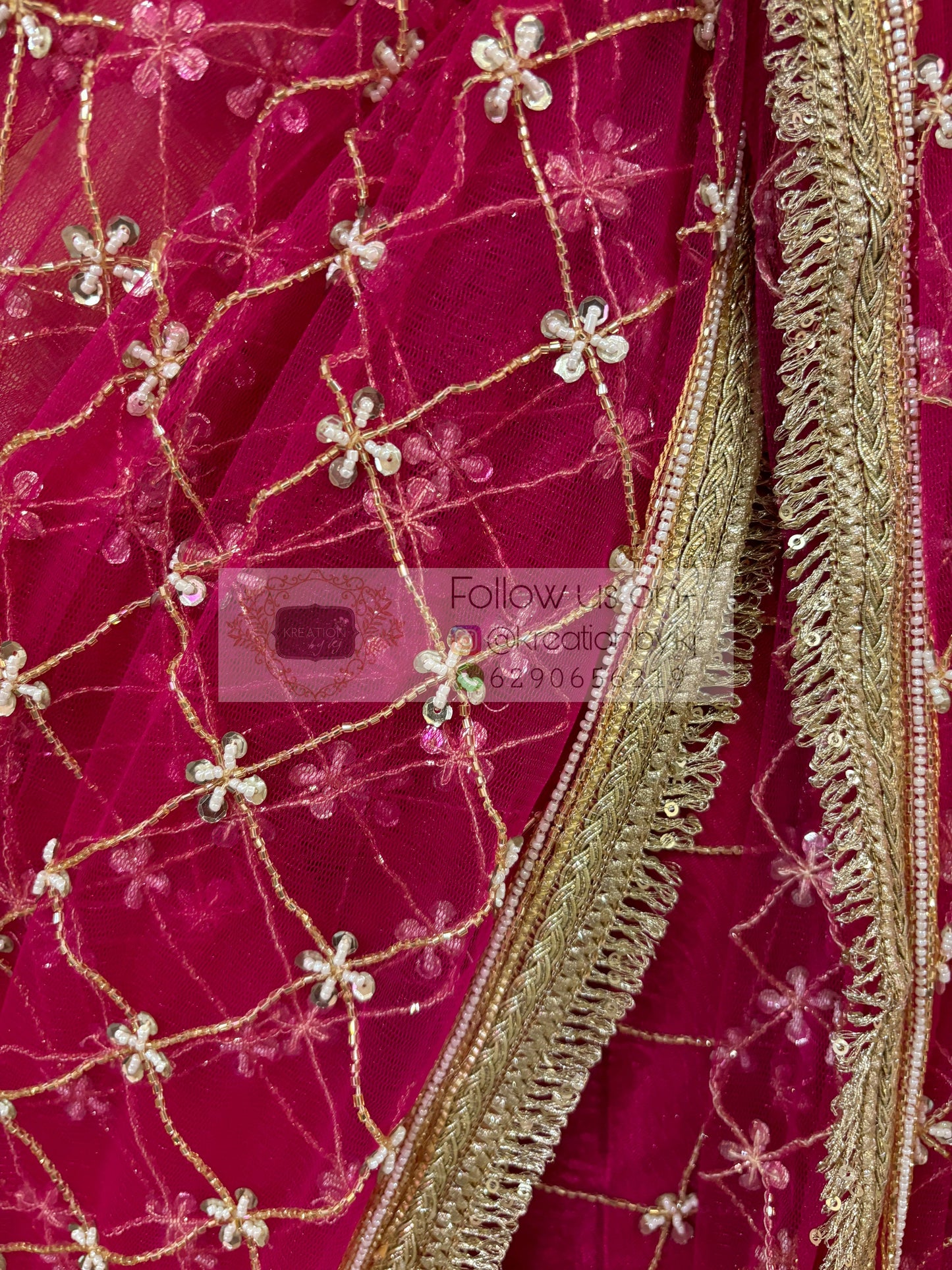 Hot Pink Cutdana Jaal Net Saree kreationbykj
