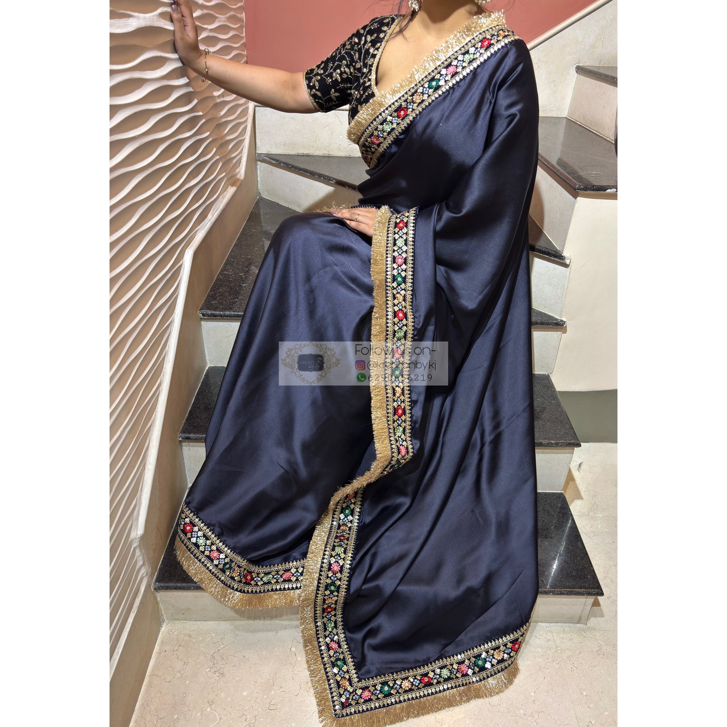 Navy Blue Satin Silk Floral Banno Saree kreationbykj
